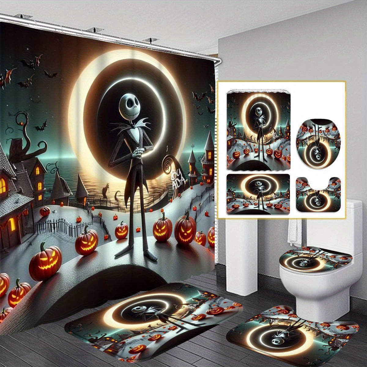 JIT Disney Halloween The Nightmare Before Christmas 1/4pcs shower curtain set with 12 hooks, waterproof shower curtain, non-slip bath mat, toilet seat cover, U-shaped rug, machine washable bathroom cartoon decoration set