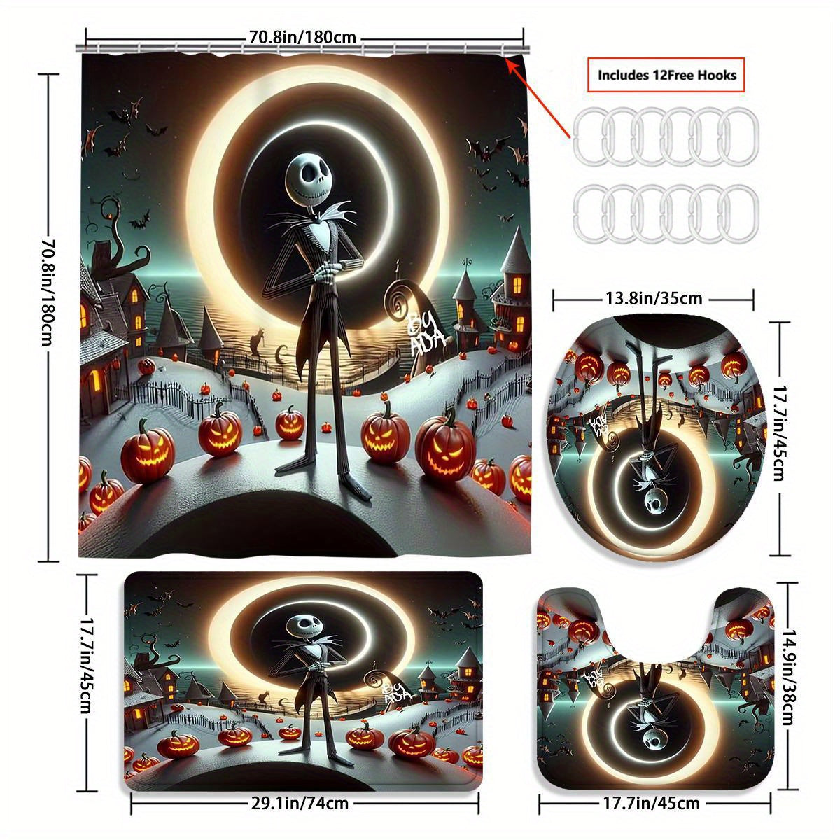 JIT Disney Halloween The Nightmare Before Christmas 1/4pcs shower curtain set with 12 hooks, waterproof shower curtain, non-slip bath mat, toilet seat cover, U-shaped rug, machine washable bathroom cartoon decoration set