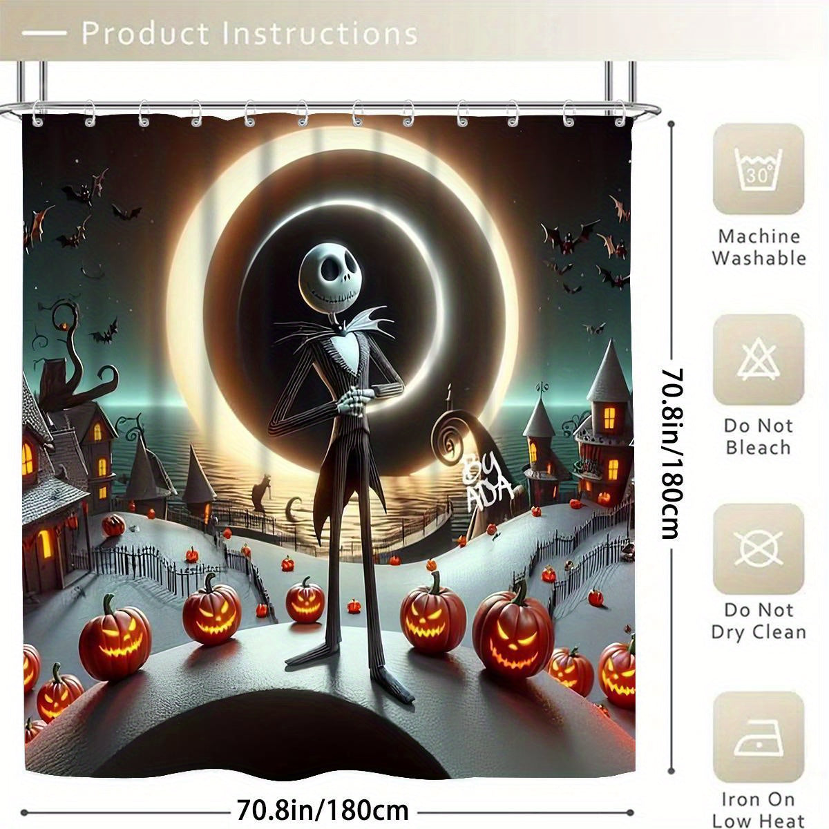 JIT Disney Halloween The Nightmare Before Christmas 1/4pcs shower curtain set with 12 hooks, waterproof shower curtain, non-slip bath mat, toilet seat cover, U-shaped rug, machine washable bathroom cartoon decoration set