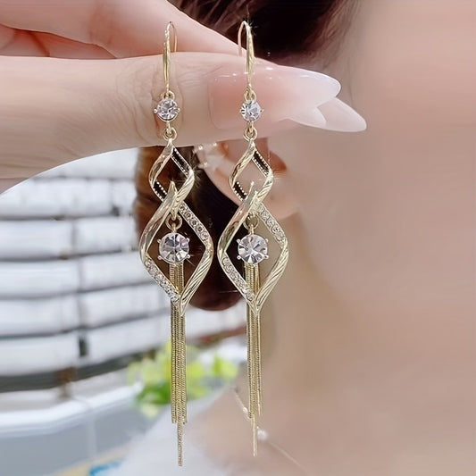 1 Pair of Luxurious Copper Plated Sparkling Synthetic Zircon Tassel Drop Earrings for Women - Fashionable Party Jewelry with Elegant Design - Copper Ear Needle, Synthetic Cubic Zirconia Mosaic, and Durable Construction