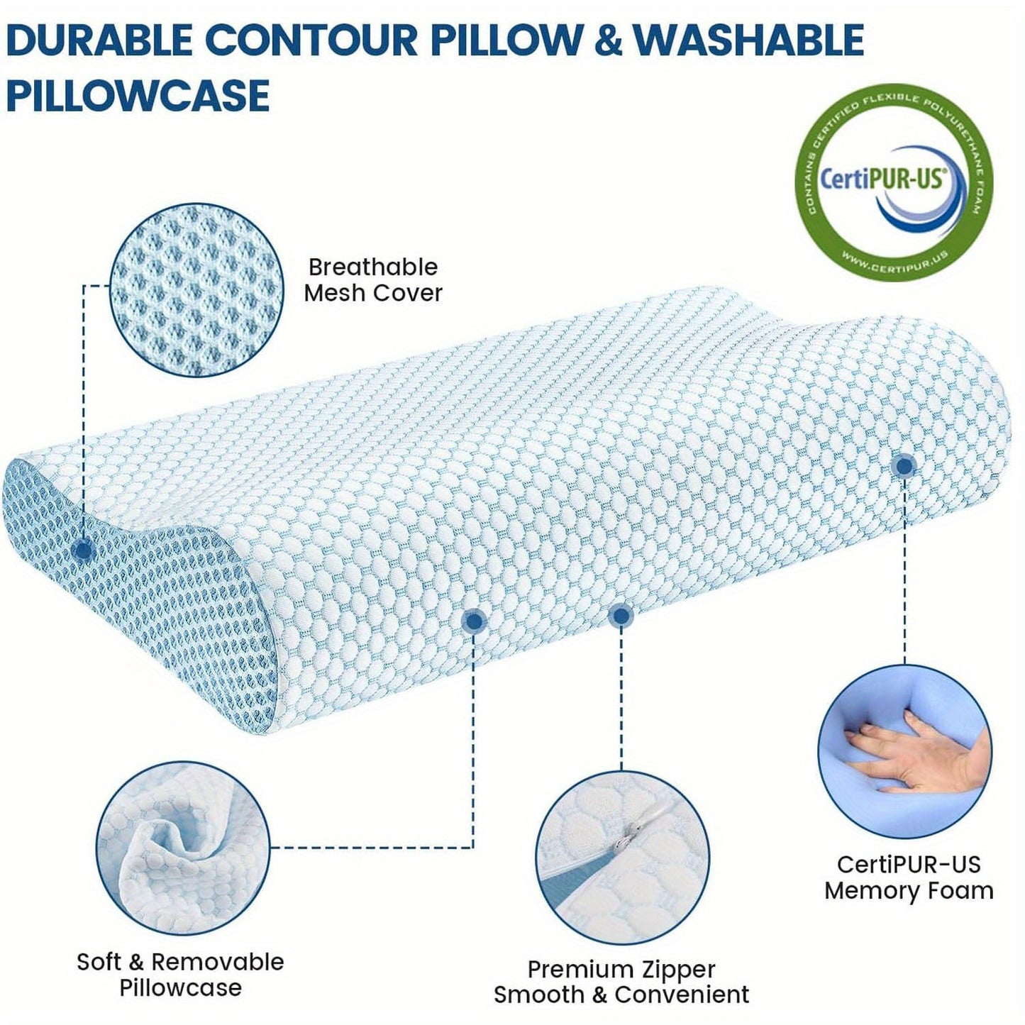 Contour Memory Foam Pillow - Breathable Mesh Cover, Soft & Removable Pillowcase, Premium Zipper, 2 Sizes Available, Suitable for Side, Back, And Stomach Sleepers