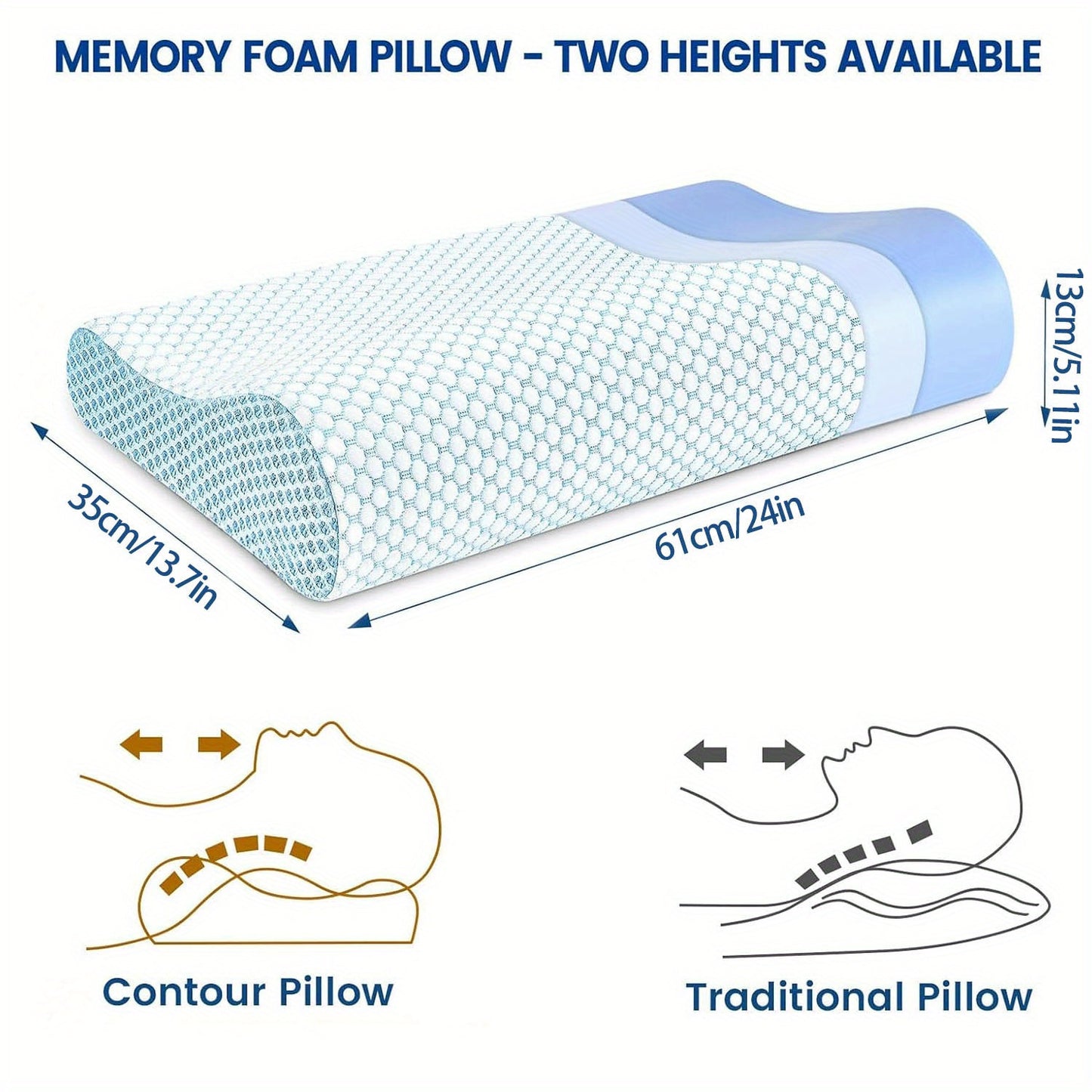 Contour Memory Foam Pillow - Breathable Mesh Cover, Soft & Removable Pillowcase, Premium Zipper, 2 Sizes Available, Suitable for Side, Back, And Stomach Sleepers