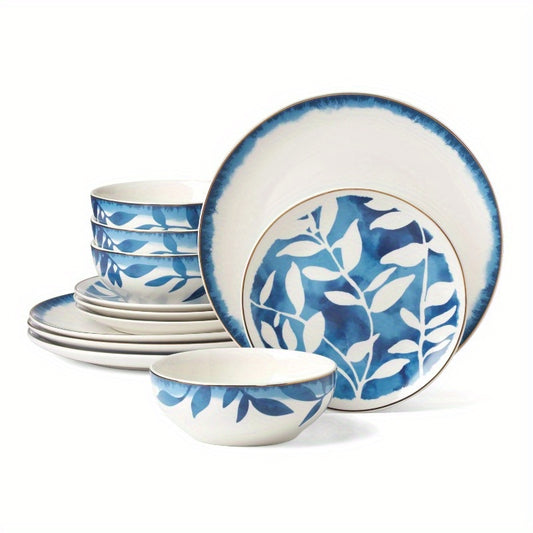 12-Piece Aura Blue & White Porcelain Tableware Set (Service for 4)