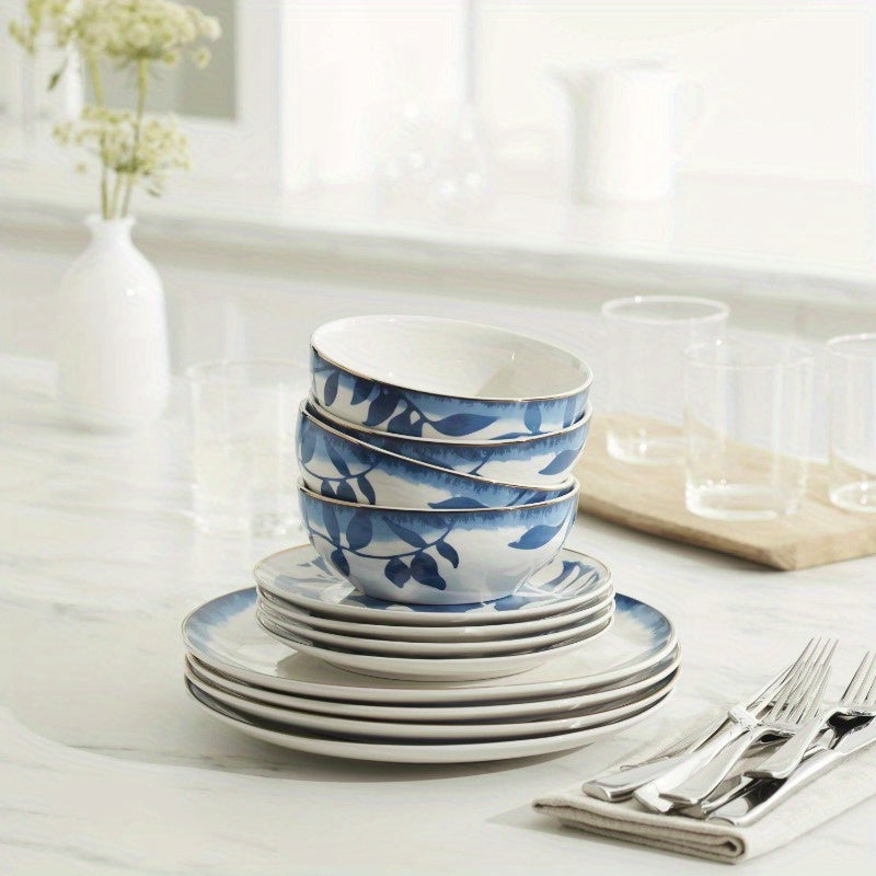 12-Piece Aura Blue & White Porcelain Tableware Set (Service for 4)