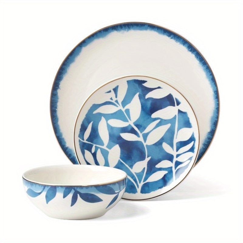 12-Piece Aura Blue & White Porcelain Tableware Set (Service for 4)