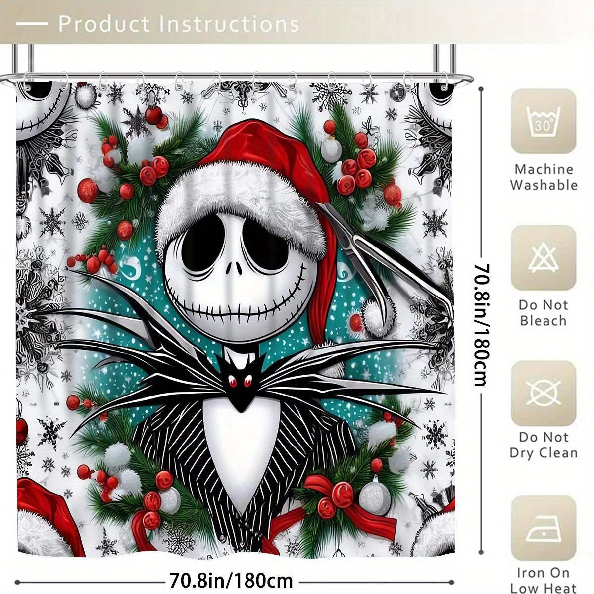 JIT Disney Halloween The Nightmare Before Christmas 1/4pcs Cartoon pattern shower curtain set, waterproof shower curtain, bathroom carpet, toilet U-shaped mat, toilet cover, bathroom decoration with 12 hooks