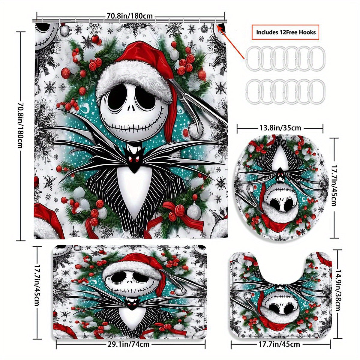 JIT Disney Halloween The Nightmare Before Christmas 1/4pcs Cartoon pattern shower curtain set, waterproof shower curtain, bathroom carpet, toilet U-shaped mat, toilet cover, bathroom decoration with 12 hooks