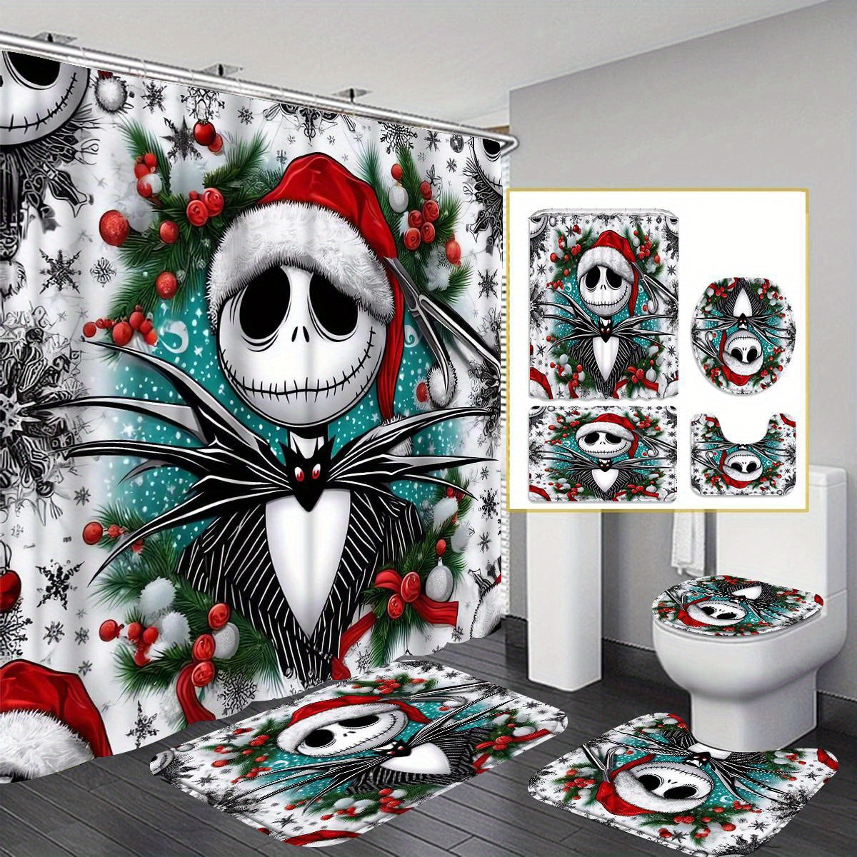 JIT Disney Halloween The Nightmare Before Christmas 1/4pcs Cartoon pattern shower curtain set, waterproof shower curtain, bathroom carpet, toilet U-shaped mat, toilet cover, bathroom decoration with 12 hooks