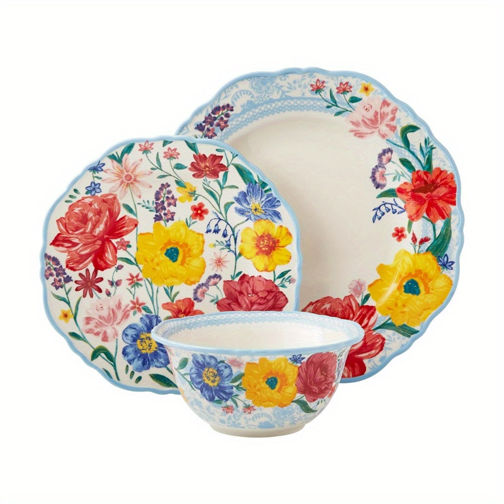 12-Piece Brilliant Blooms Stoneware Dinnerware Set