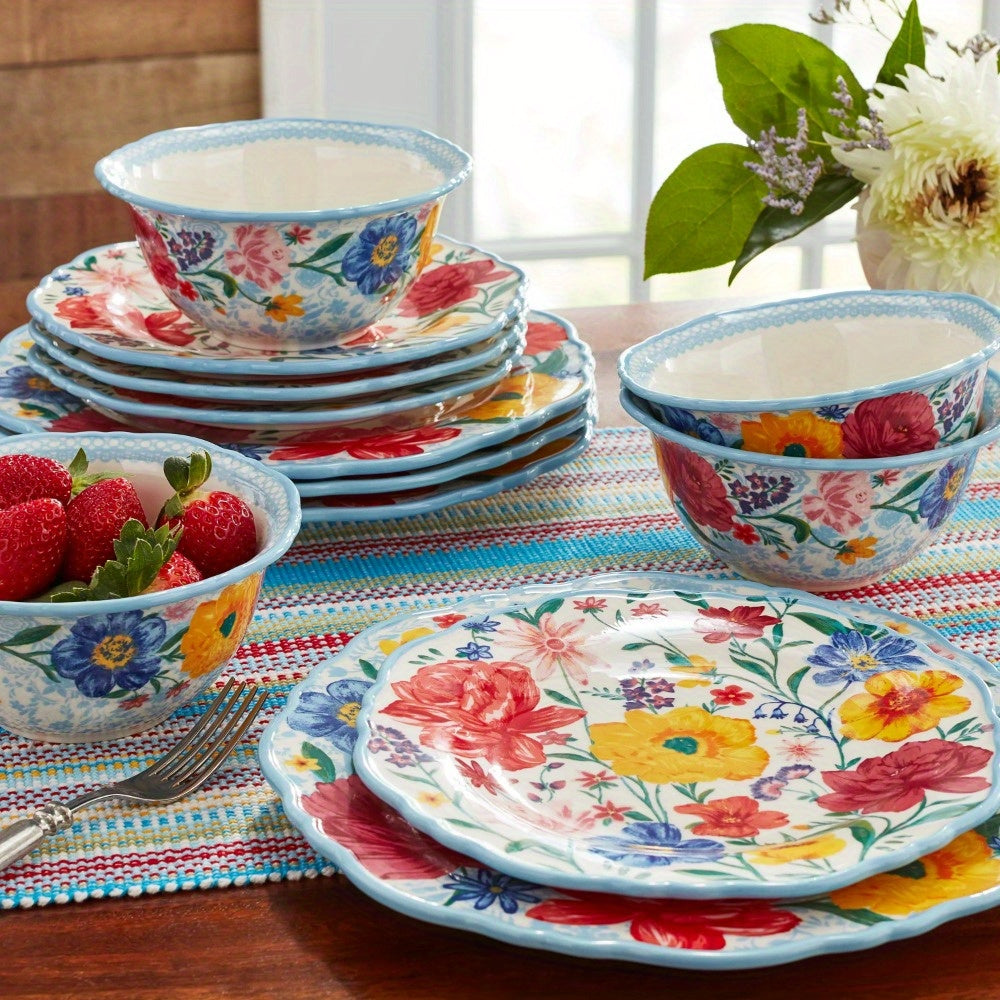 12-Piece Brilliant Blooms Stoneware Dinnerware Set