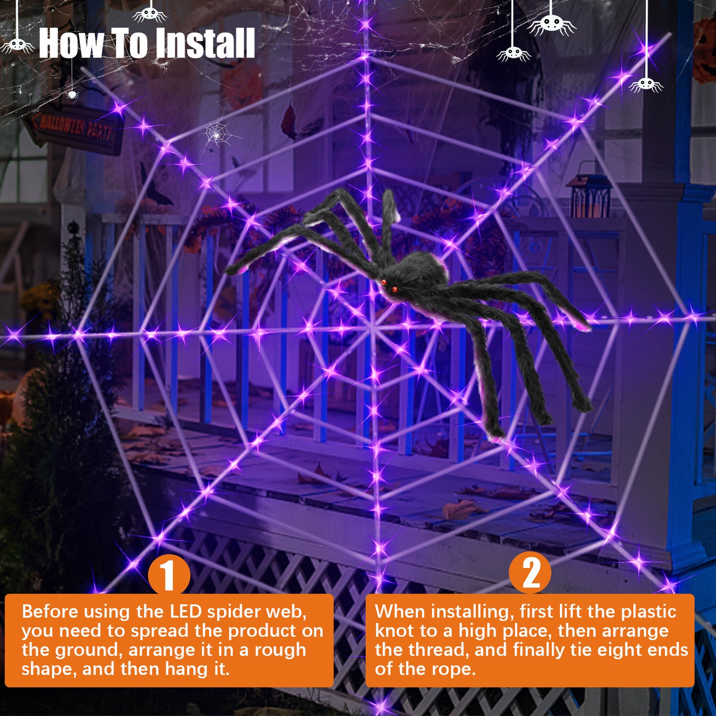 Halloween Decoration 2.95ft Giant Spider & 11.8ft Circular Cobweb with LED Light for Halloween Party - Best Halloween Gifts