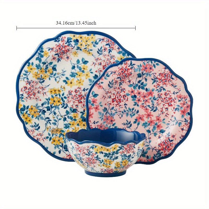 Innovative 12-piece stoneware dinnerware set with unique floral motifs. The entire set should be uniform and harmonious in color and pattern to enhance the overall aesthetics