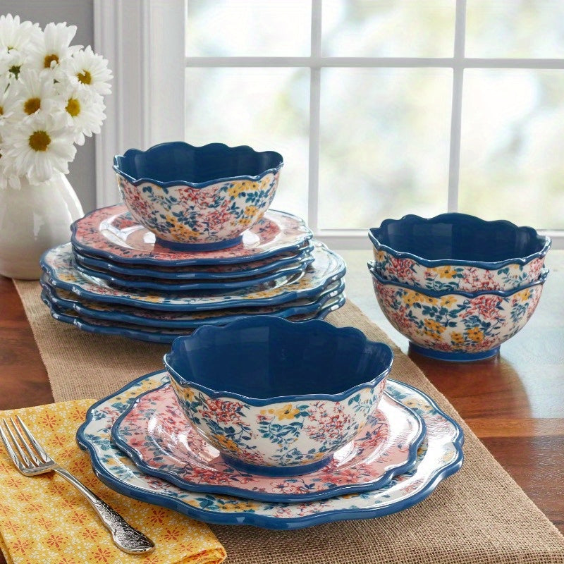 Innovative 12-piece stoneware dinnerware set with unique floral motifs. The entire set should be uniform and harmonious in color and pattern to enhance the overall aesthetics