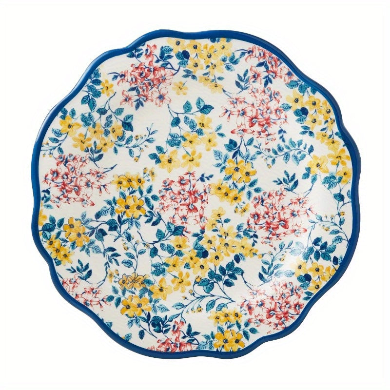 Innovative 12-piece stoneware dinnerware set with unique floral motifs. The entire set should be uniform and harmonious in color and pattern to enhance the overall aesthetics