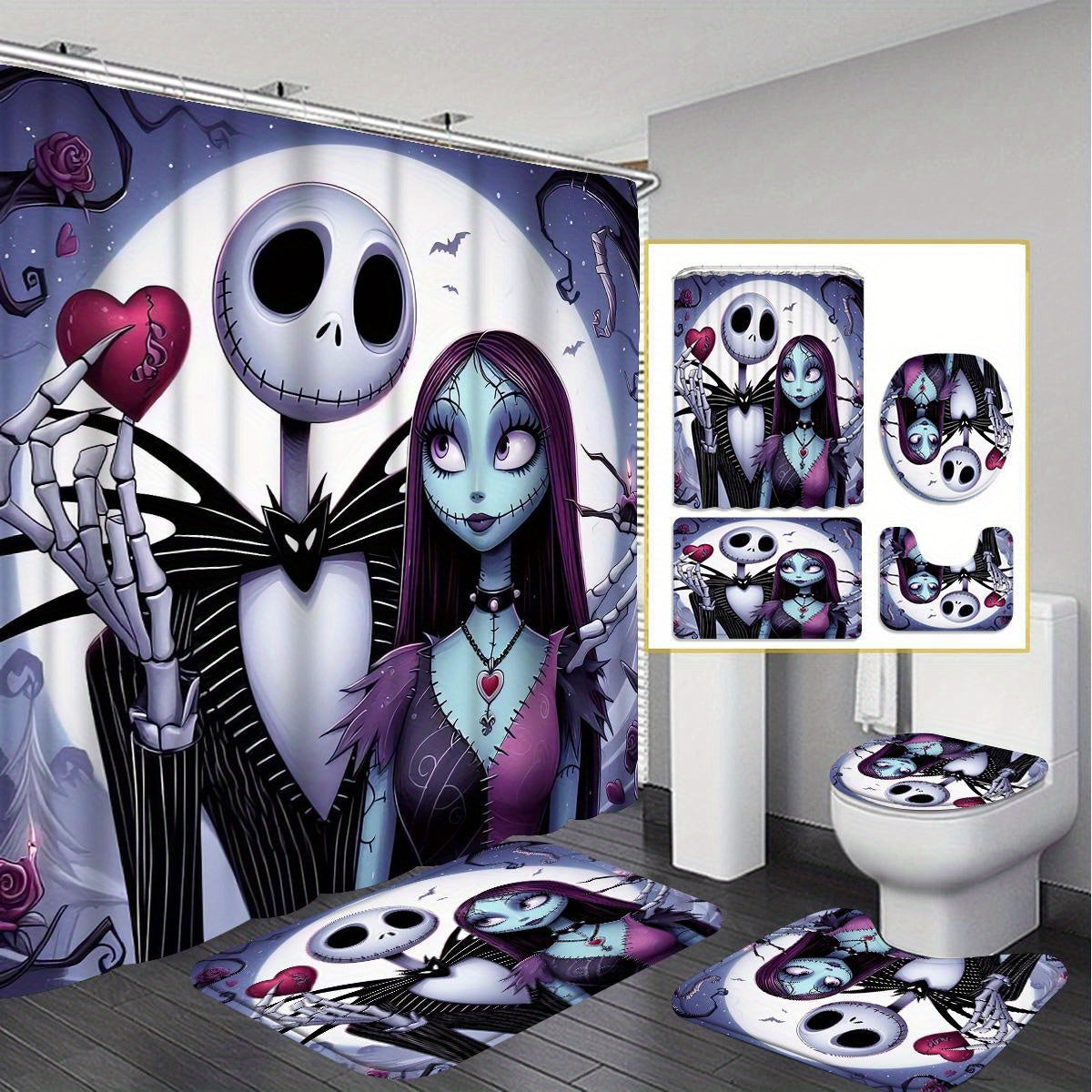 JIT Jack Skellington 1/4pcs Home Decor Shower Curtain Set, Waterproof Shower Curtain with 12 Hooks, Non-slip Bathroom Rug, Toilet U-Shaped Mat, Toilet Lid Mat, Bathroom Decor