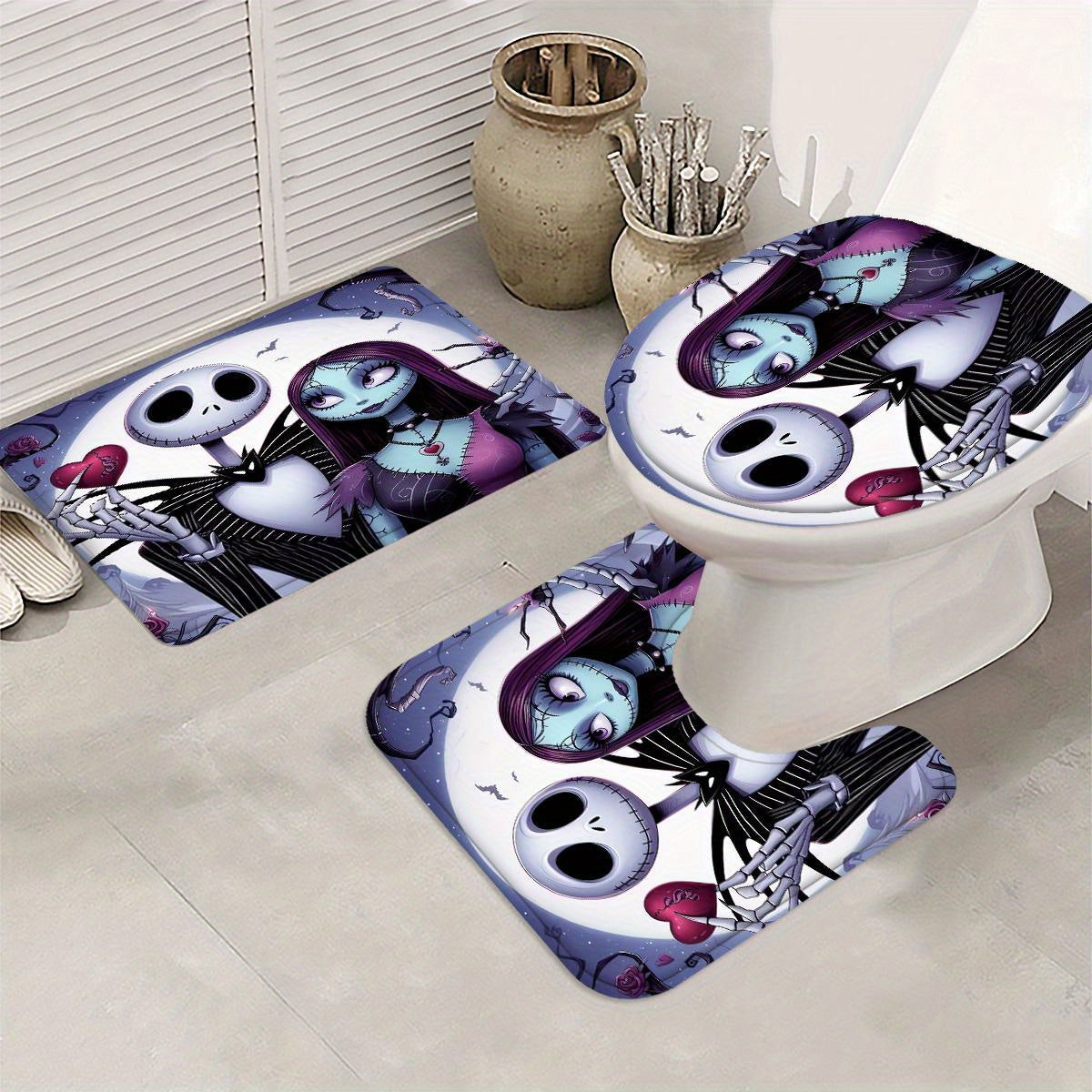 JIT Jack Skellington 1/4pcs Home Decor Shower Curtain Set, Waterproof Shower Curtain with 12 Hooks, Non-slip Bathroom Rug, Toilet U-Shaped Mat, Toilet Lid Mat, Bathroom Decor