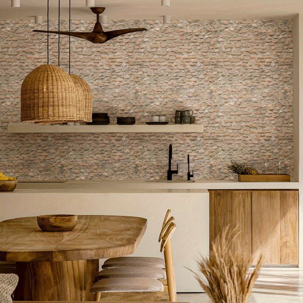 Self-Adhesive Faux Stone Wallpaper - Straight Match Brick Stone and Wood Style Removable Contact Paper for Bathroom & Home Decor - 17.7" x 393" Peel and Stick Grey Stone Wallpaper