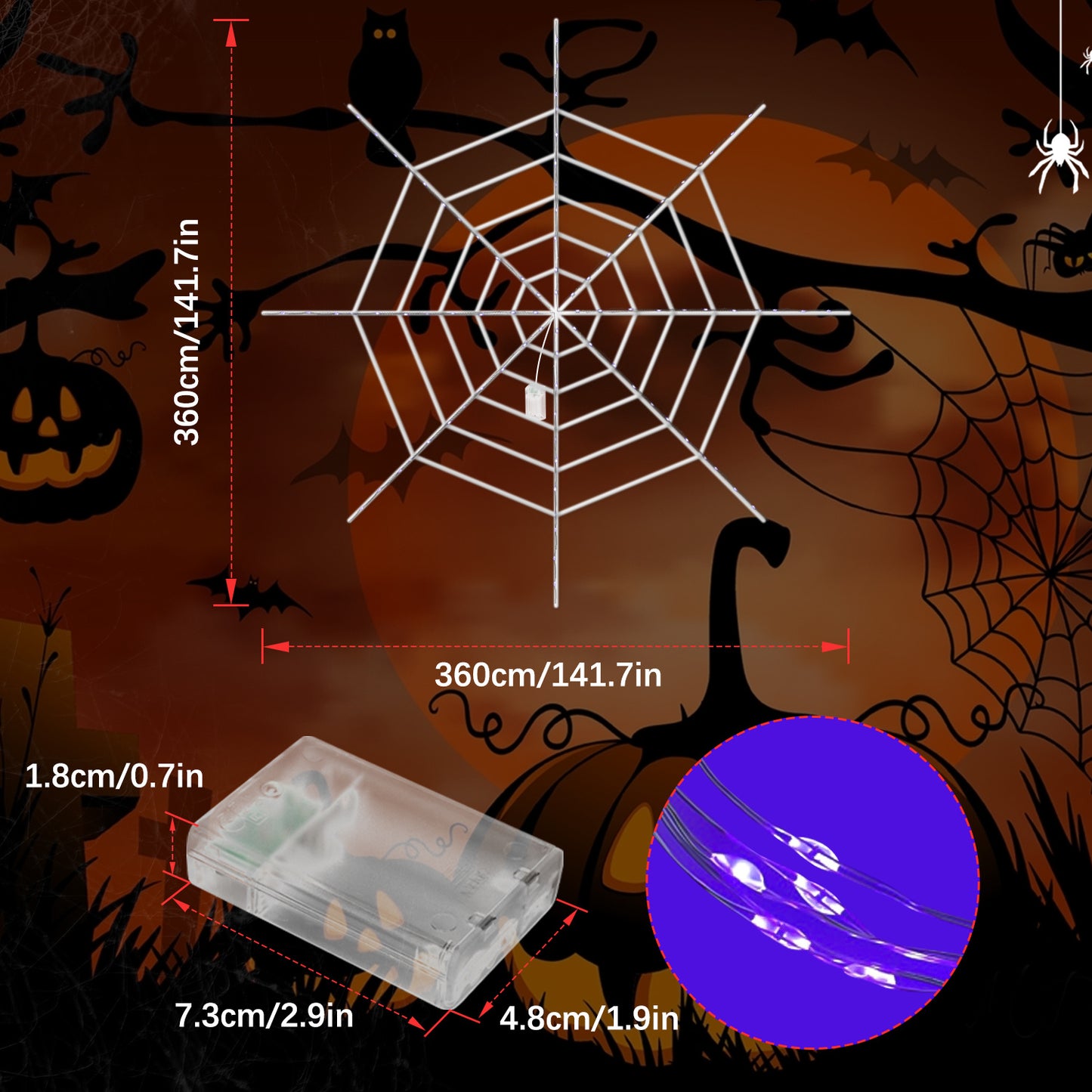 Halloween Decoration 2.95ft Giant Spider & 11.8ft Circular Cobweb with LED Light for Halloween Party - Best Halloween Gifts