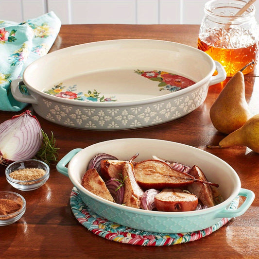 Printed set of two oval ceramic baking dishes with built-in handles for easy carrying, dishwasher, microwave and oven safe up to 450 F, perfect for baking and serving delicious grilled table meals to friends and family,