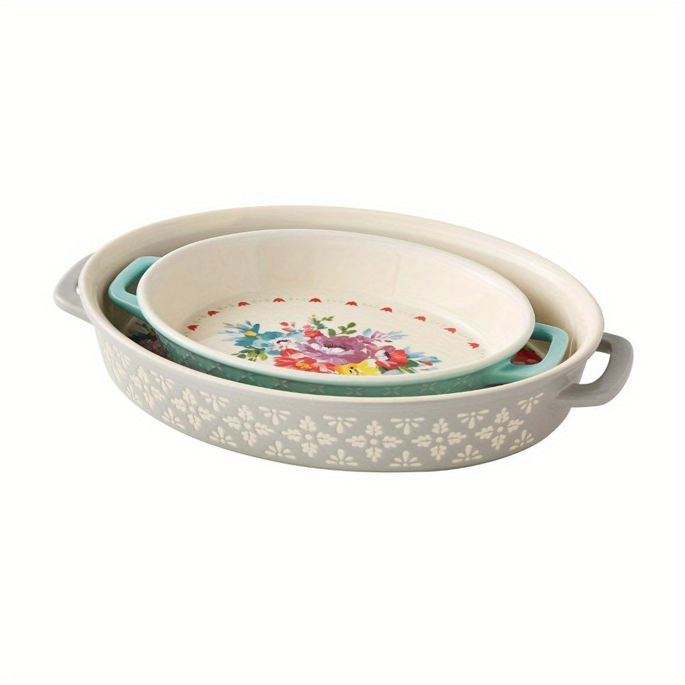 Printed set of two oval ceramic baking dishes with built-in handles for easy carrying, dishwasher, microwave and oven safe up to 450 F, perfect for baking and serving delicious grilled table meals to friends and family,