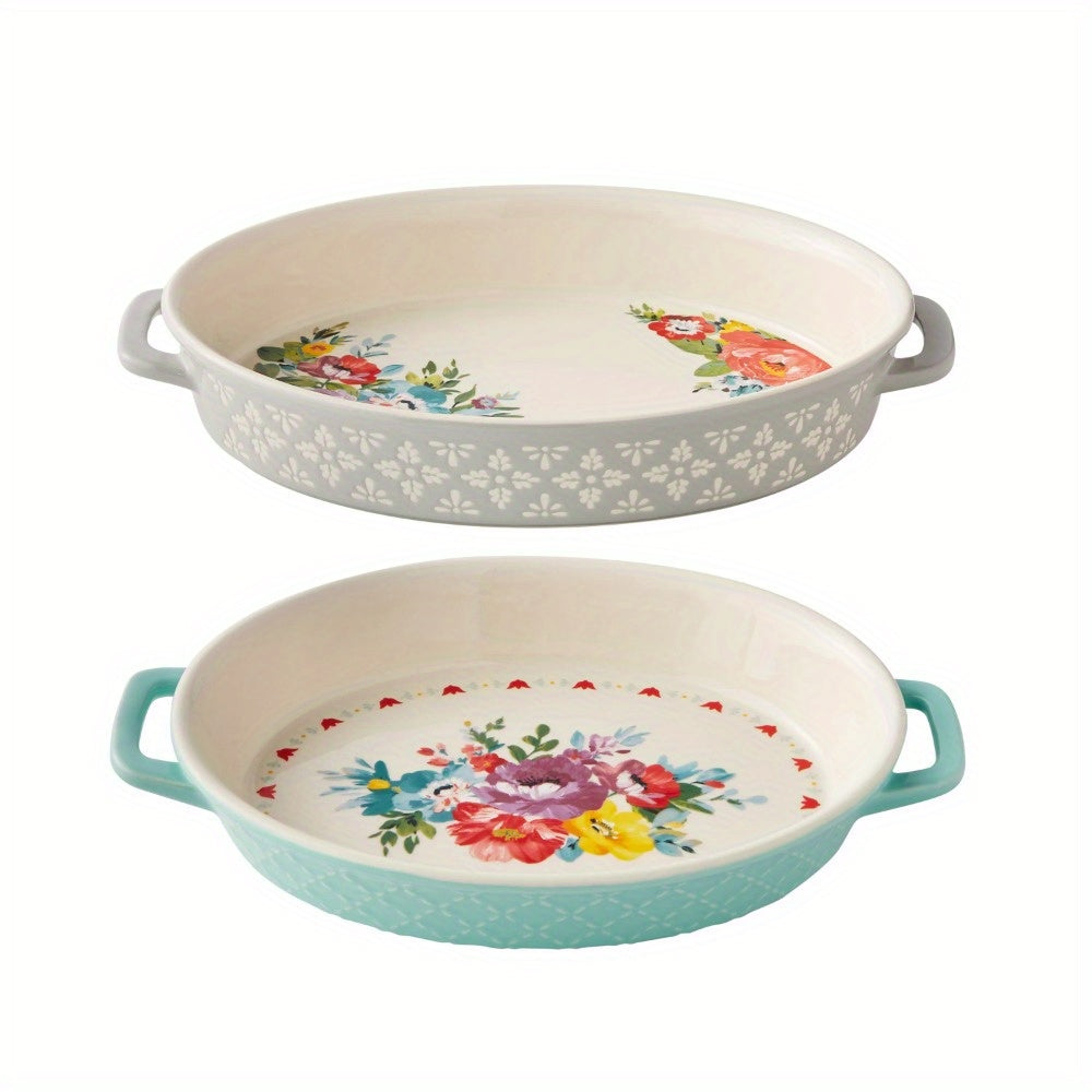 Printed set of two oval ceramic baking dishes with built-in handles for easy carrying, dishwasher, microwave and oven safe up to 450 F, perfect for baking and serving delicious grilled table meals to friends and family,