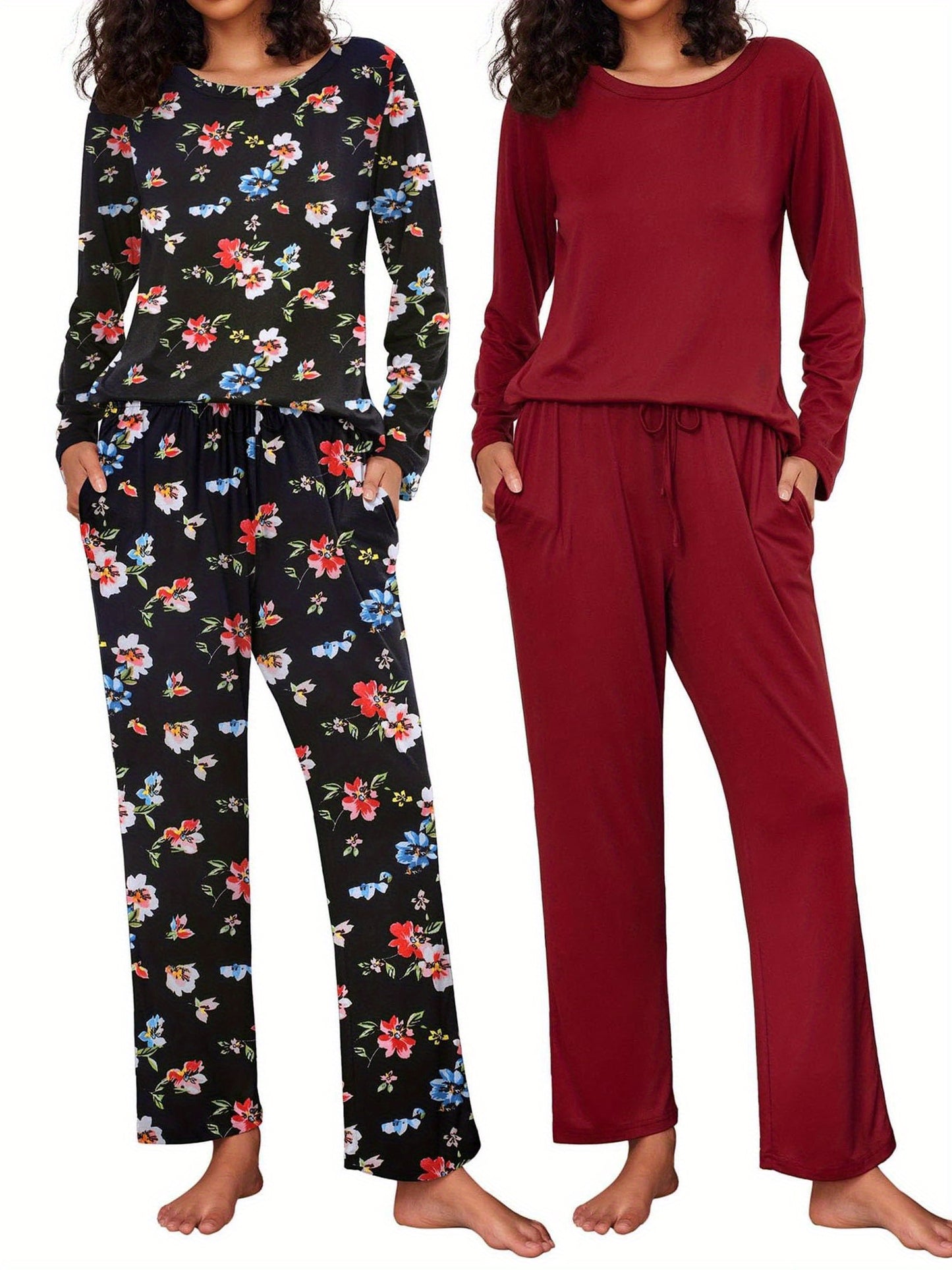 2 Pack Women's Pajama Set Soft Long Sleeve Sleepwear Soft and Lightweight Loungewear Sweatsuits Pullover Tops and Drawstring Wide Leg Pants Lounge Sets Pjs Sets with Pockets