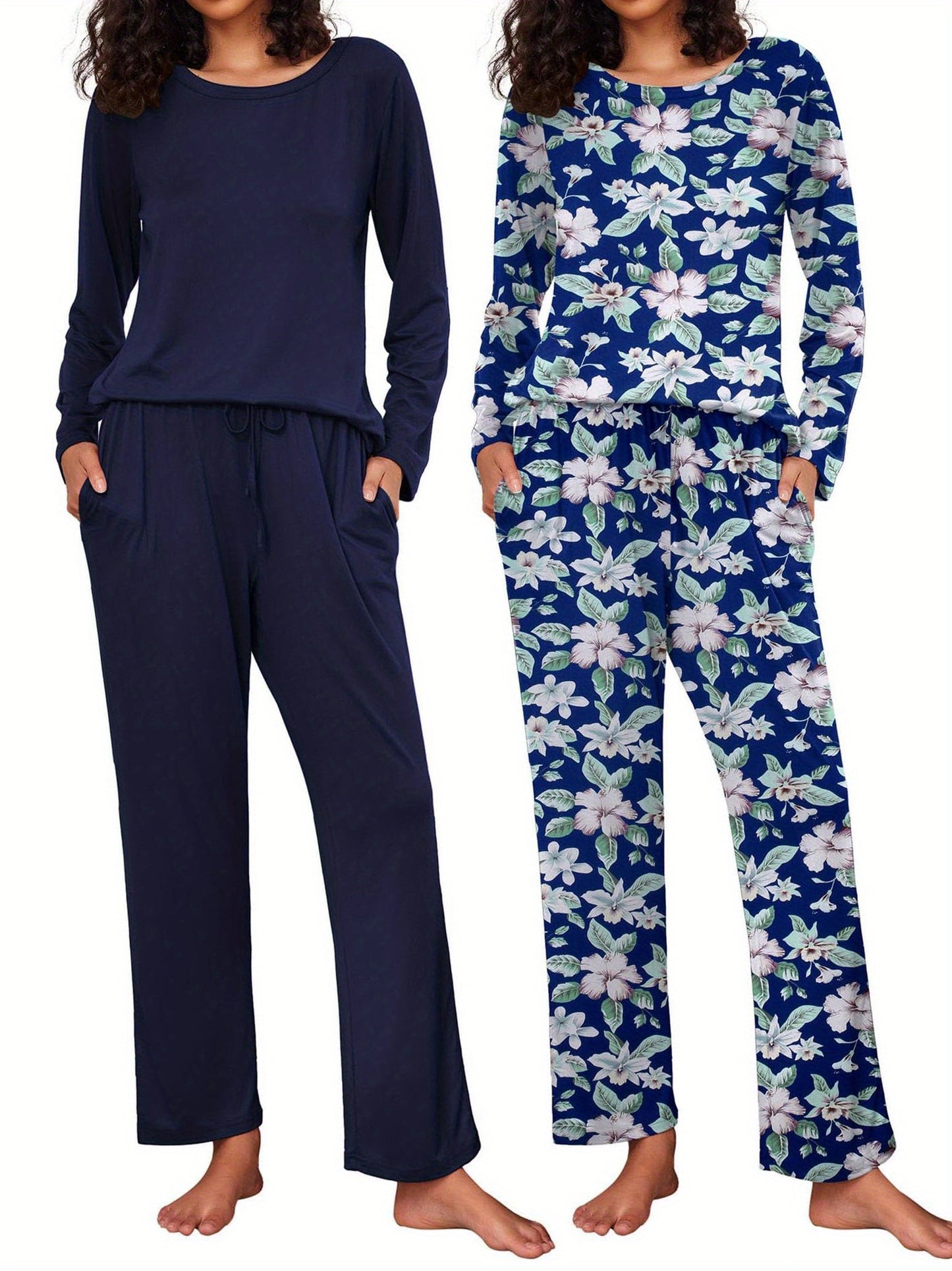 2 Pack Women's Pajama Set Soft Long Sleeve Sleepwear Soft and Lightweight Loungewear Sweatsuits Pullover Tops and Drawstring Wide Leg Pants Lounge Sets Pjs Sets with Pockets