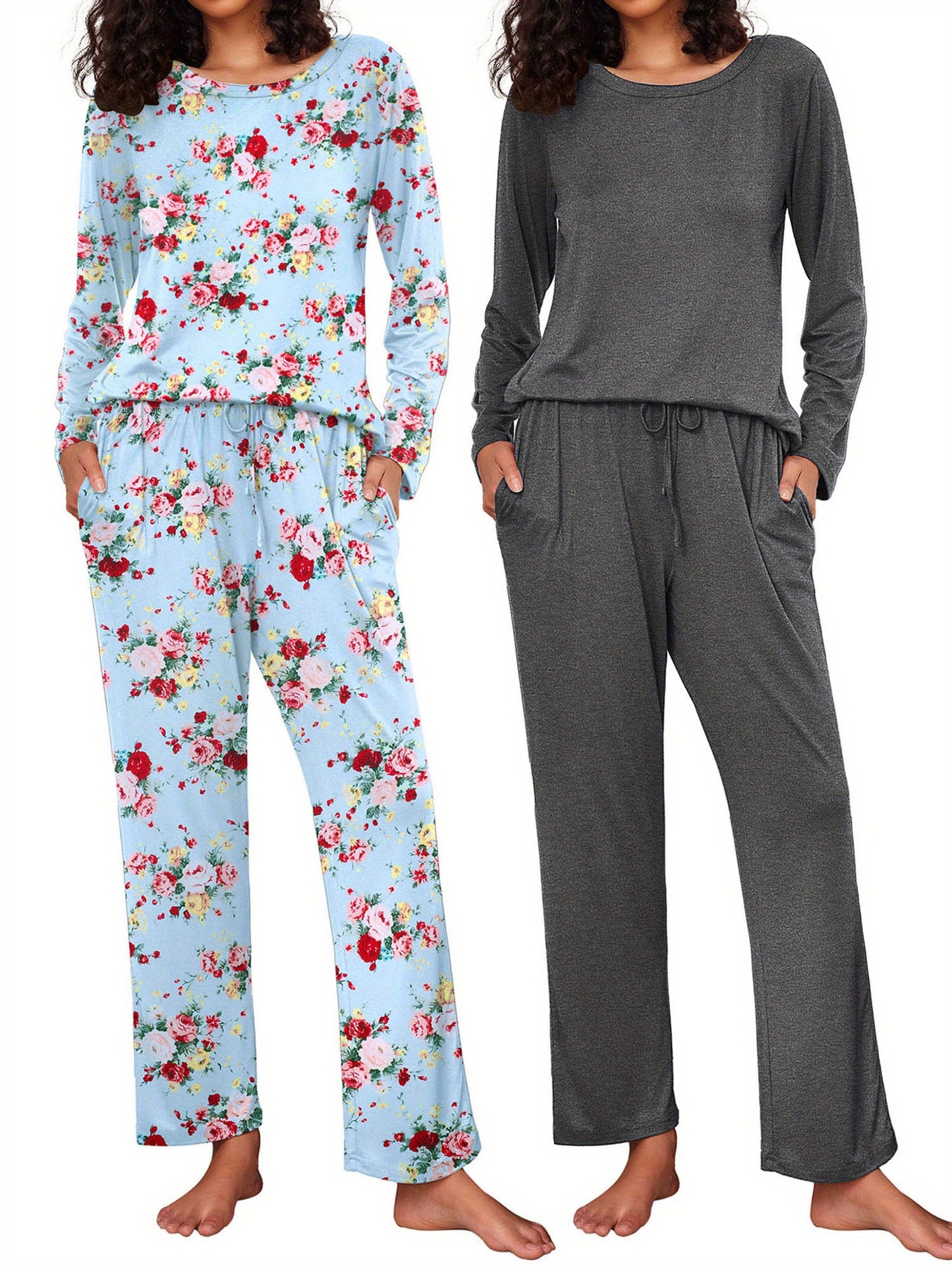 2 Pack Women's Pajama Set Soft Long Sleeve Sleepwear Soft and Lightweight Loungewear Sweatsuits Pullover Tops and Drawstring Wide Leg Pants Lounge Sets Pjs Sets with Pockets