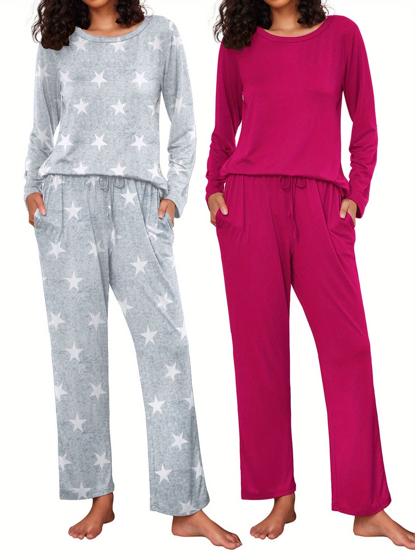 2 Pack Women's Pajama Set Soft Long Sleeve Sleepwear Soft and Lightweight Loungewear Sweatsuits Pullover Tops and Drawstring Wide Leg Pants Lounge Sets Pjs Sets with Pockets