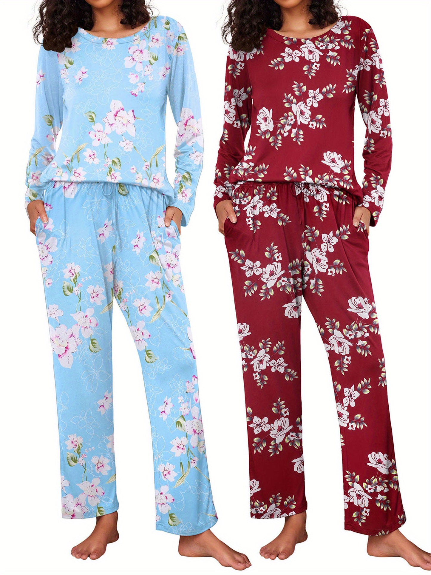 2 Pack Women's Pajama Set Soft Long Sleeve Sleepwear Soft and Lightweight Loungewear Sweatsuits Pullover Tops and Drawstring Wide Leg Pants Lounge Sets Pjs Sets with Pockets