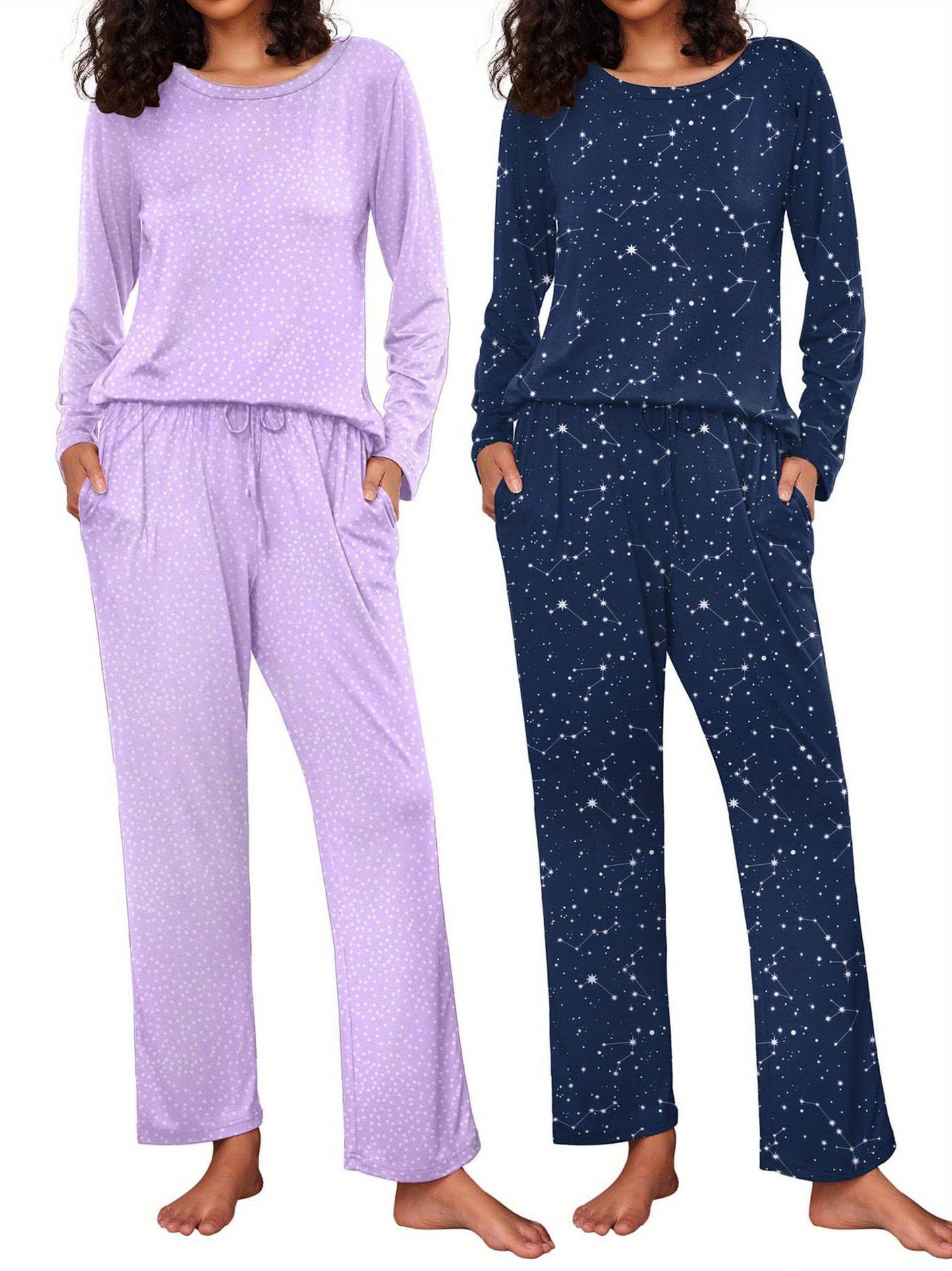 2 Pack Women's Pajama Set Soft Long Sleeve Sleepwear Soft and Lightweight Loungewear Sweatsuits Pullover Tops and Drawstring Wide Leg Pants Lounge Sets Pjs Sets with Pockets