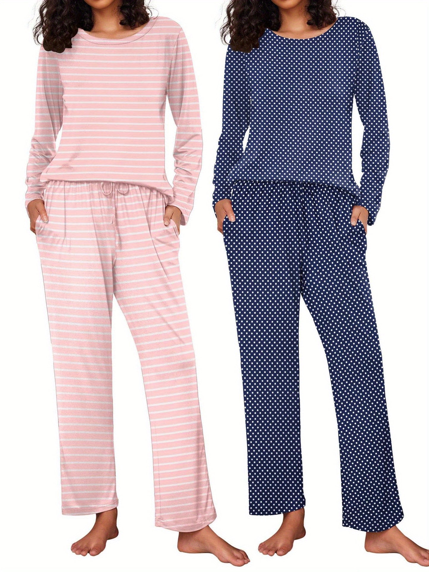 2 Pack Women's Pajama Set Soft Long Sleeve Sleepwear Soft and Lightweight Loungewear Sweatsuits Pullover Tops and Drawstring Wide Leg Pants Lounge Sets Pjs Sets with Pockets