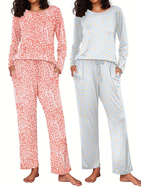 2 Pack Women's Pajama Set Soft Long Sleeve Sleepwear Soft and Lightweight Loungewear Sweatsuits Pullover Tops and Drawstring Wide Leg Pants Lounge Sets Pjs Sets with Pockets