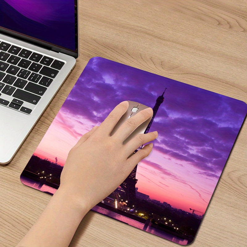 Eiffel Tower Night Sky Purple Clouds Design Mouse Pad 7.8x9.45 Inch - Non-Slip Rubber Base, Durable Home Office Desk Mat for Laptop & Desktop, Decorative & Functional