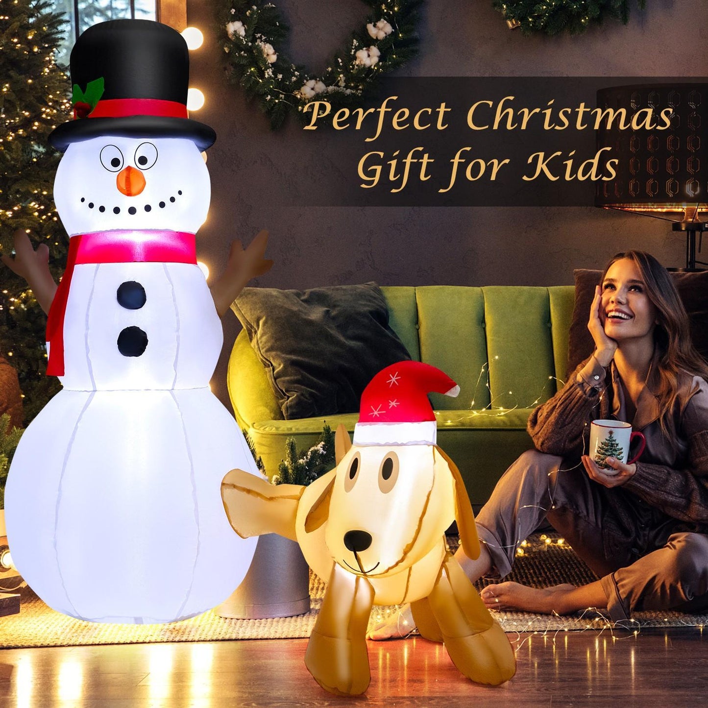 COSTWAY 6FT Inflatable Christmas Snowman with Dog, Tall Blow up Xmas Decoration w/ Bright LED Lights, Built-in Sandbags & Stakes, Indoor Outdoor Self Inflating Holiday Decor for Yard, Party, Lawn