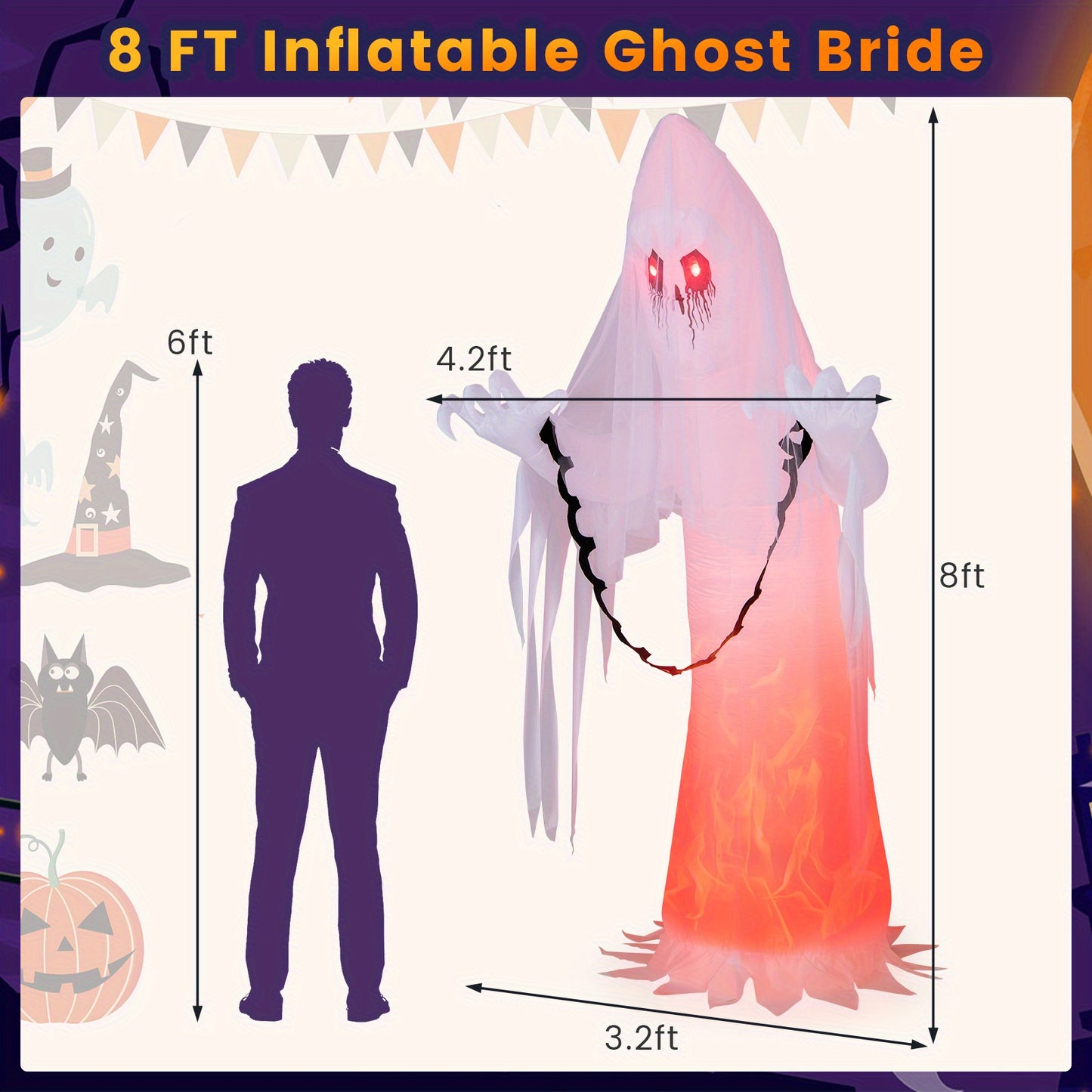 COSTWAY 8 FT Inflatable Ghost Bride, Outdoor Halloween Decoration w/Rotating Flame Light, Sand Bag, Blow up Yard Decoration, Perfect for Lawn, Patio, Garden