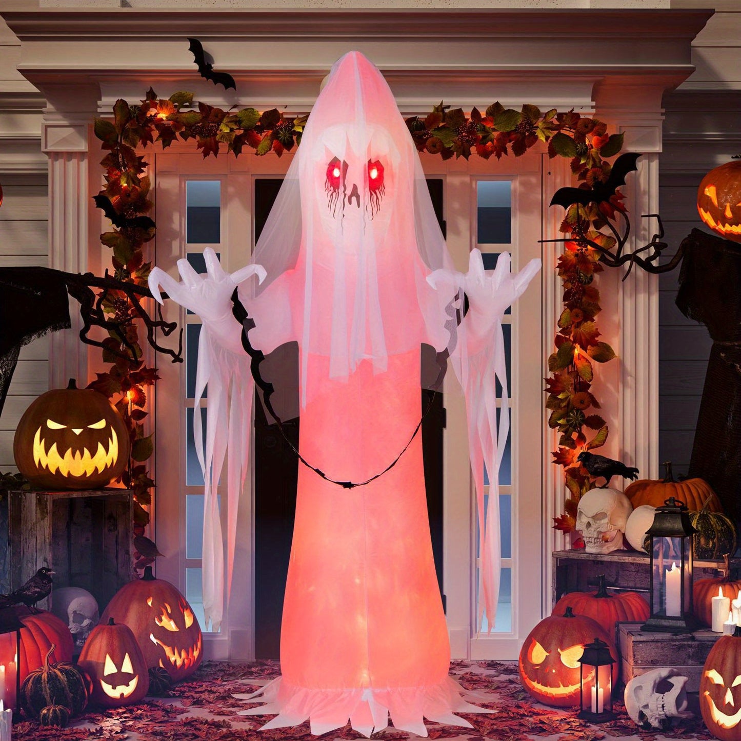 COSTWAY 8 FT Inflatable Ghost Bride, Outdoor Halloween Decoration w/Rotating Flame Light, Sand Bag, Blow up Yard Decoration, Perfect for Lawn, Patio, Garden