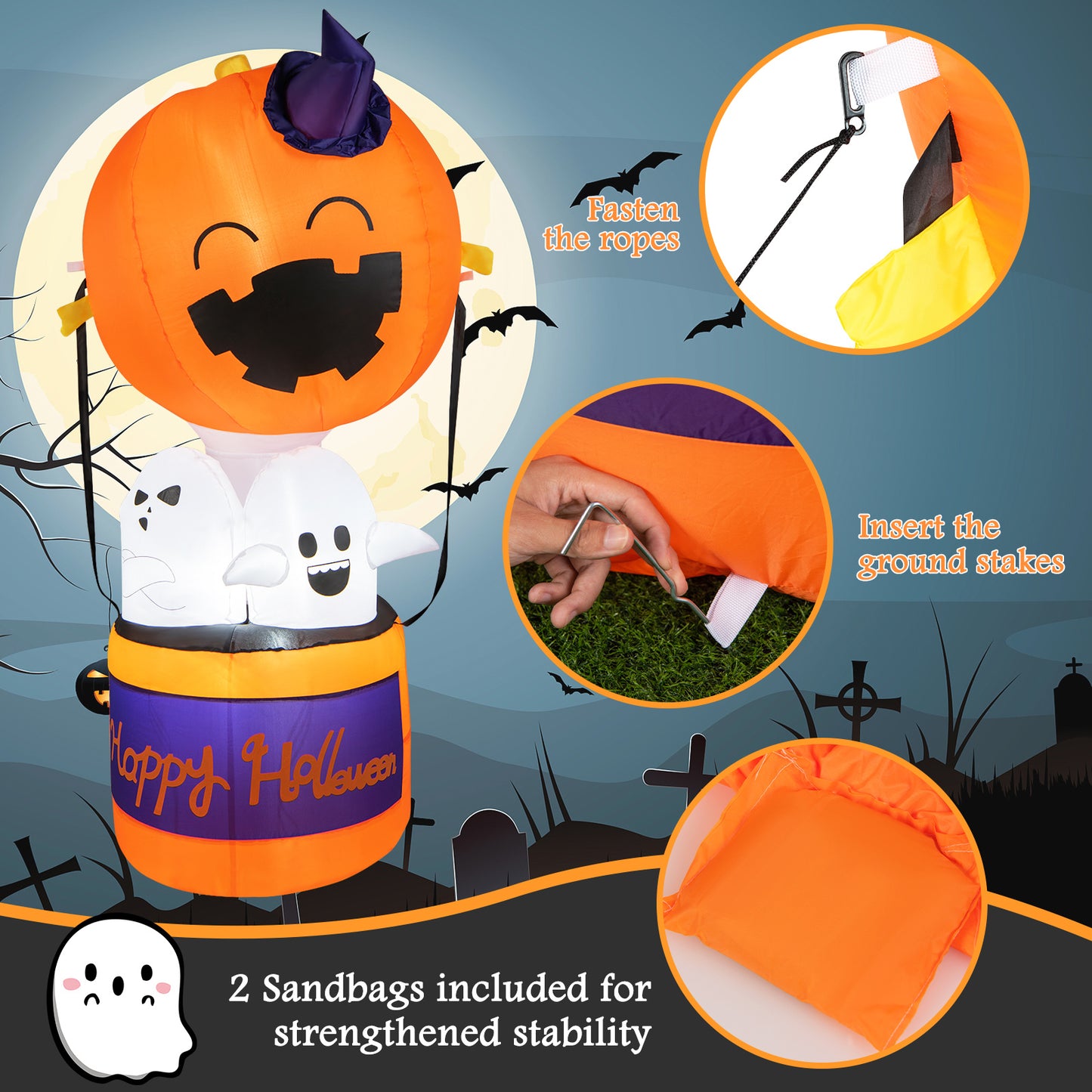 COSTWAY 6FT Tall Halloween Inflatable Balloon, 3 Ghosts Combo Blow-up Decoration with 4 Bright LED Lights, Self-inflating Yard Decoration with Built-in Blower & 2 Sandbags, for Courtyard, Garden, Lawn