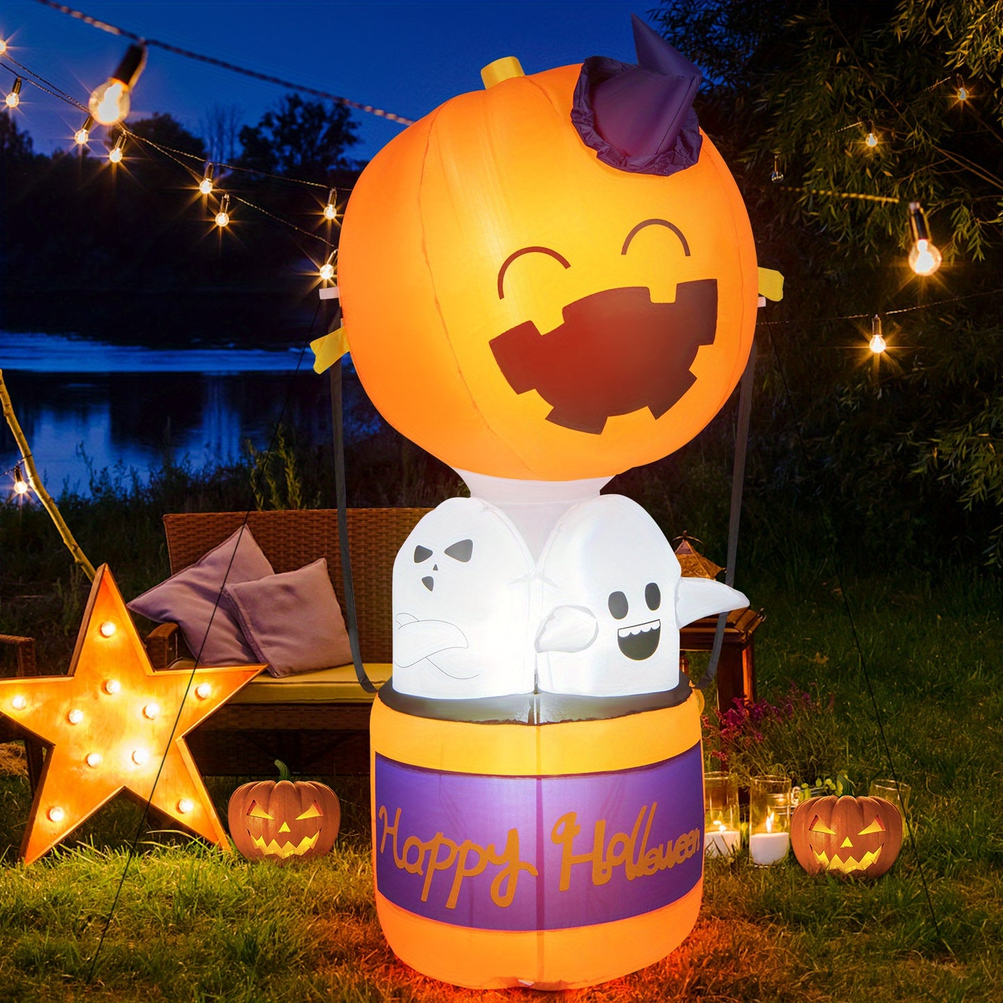 COSTWAY 6FT Tall Halloween Inflatable Balloon, 3 Ghosts Combo Blow-up Decoration with 4 Bright LED Lights, Self-inflating Yard Decoration with Built-in Blower & 2 Sandbags, for Courtyard, Garden, Lawn