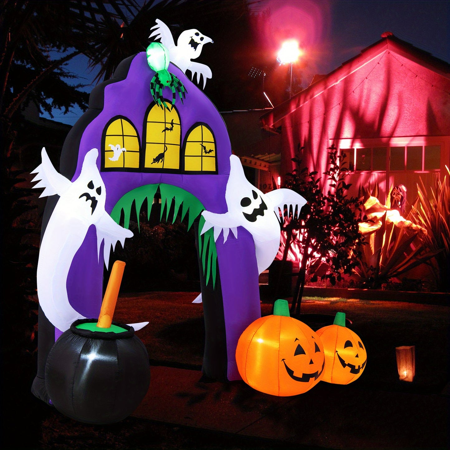 COSTWAY 6 FT Inflatable Halloween Three White Ghosts with Pumpkin, Blow-up Yard Decoration with Built-in LED Lights & Rotating Lamp, Stable & Halloween Decoration