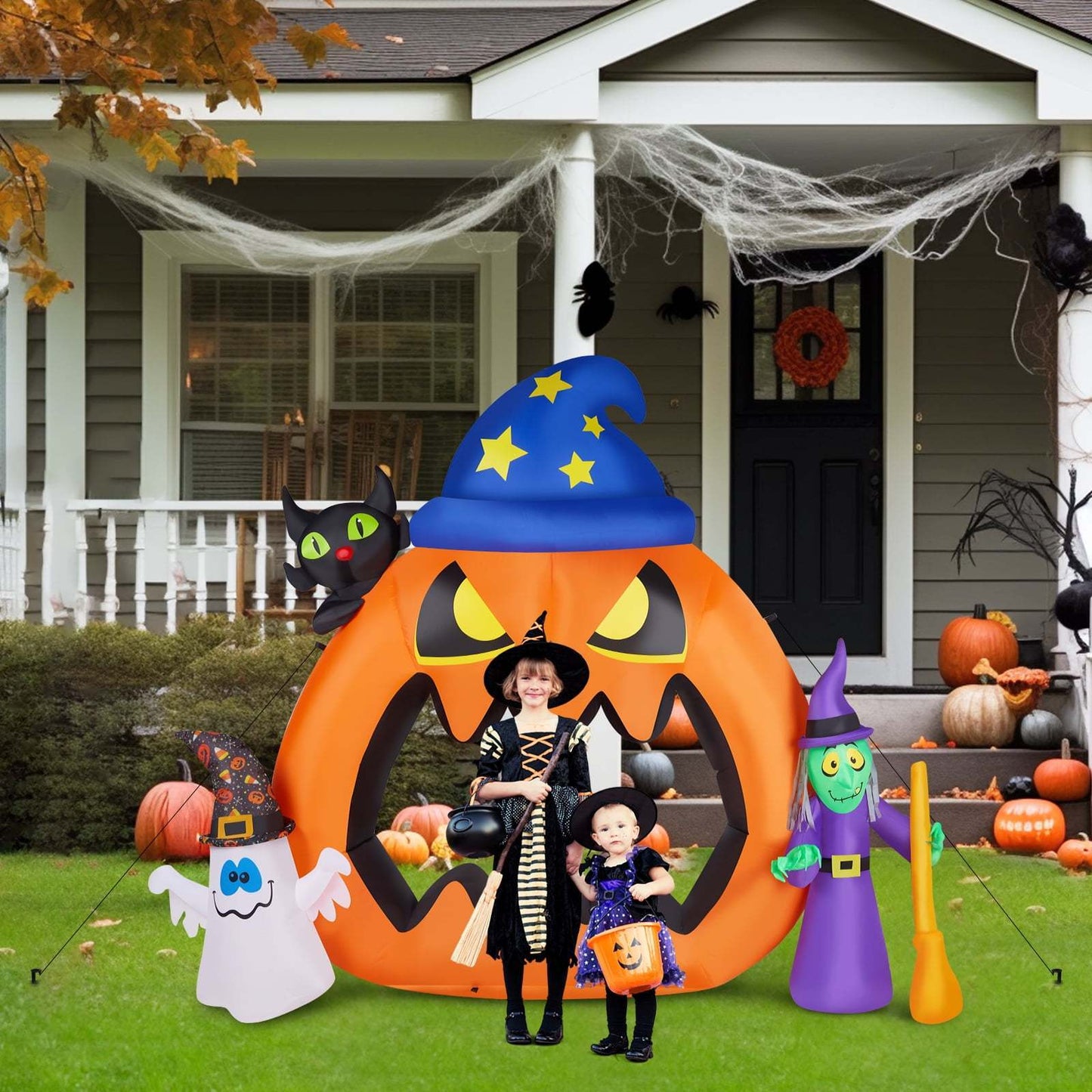 Halloween Pumpkin with Witch Ghost Outdoor Halloween Inflatables for Patio Garden Decor 6.9ft