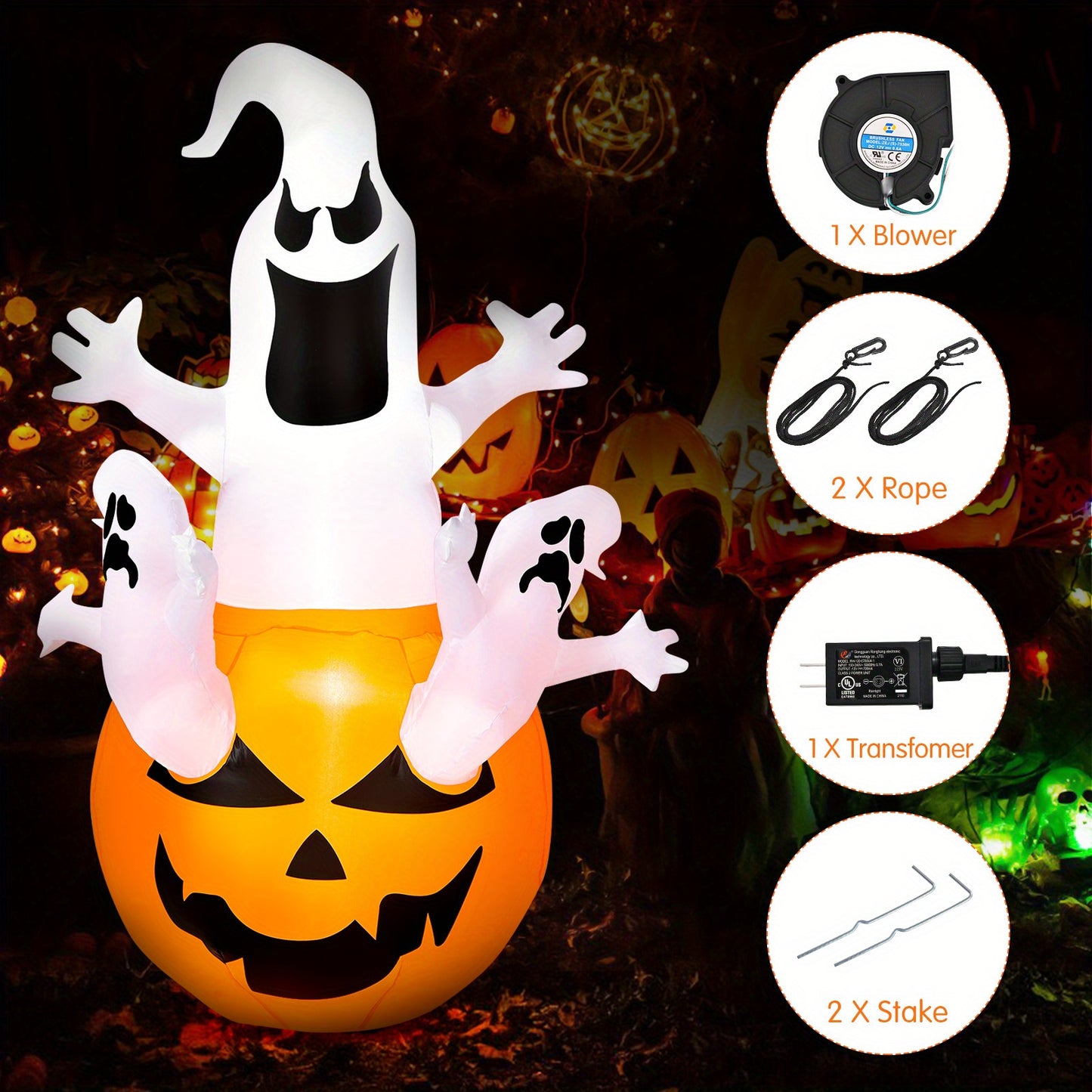 Lifezeal 6ft Halloween Inflatables Ghost, Pumpkin-Halloween Blow Up Yard Decorations w/Build-in LED Light, 2 Ground Stakes & Safety Ropes, Outdoor & Indoor Holiday Decoration for Yard Garden Lawn