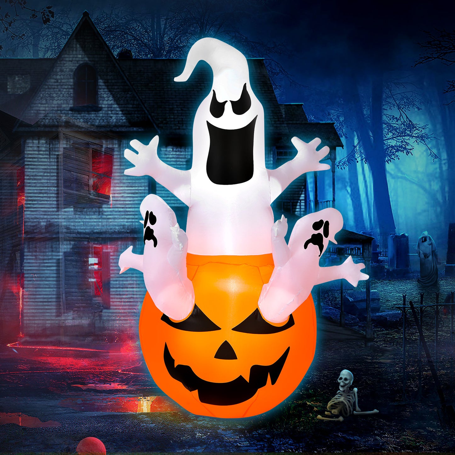 Lifezeal 6ft Halloween Inflatables Ghost, Pumpkin-Halloween Blow Up Yard Decorations w/Build-in LED Light, 2 Ground Stakes & Safety Ropes, Outdoor & Indoor Holiday Decoration for Yard Garden Lawn