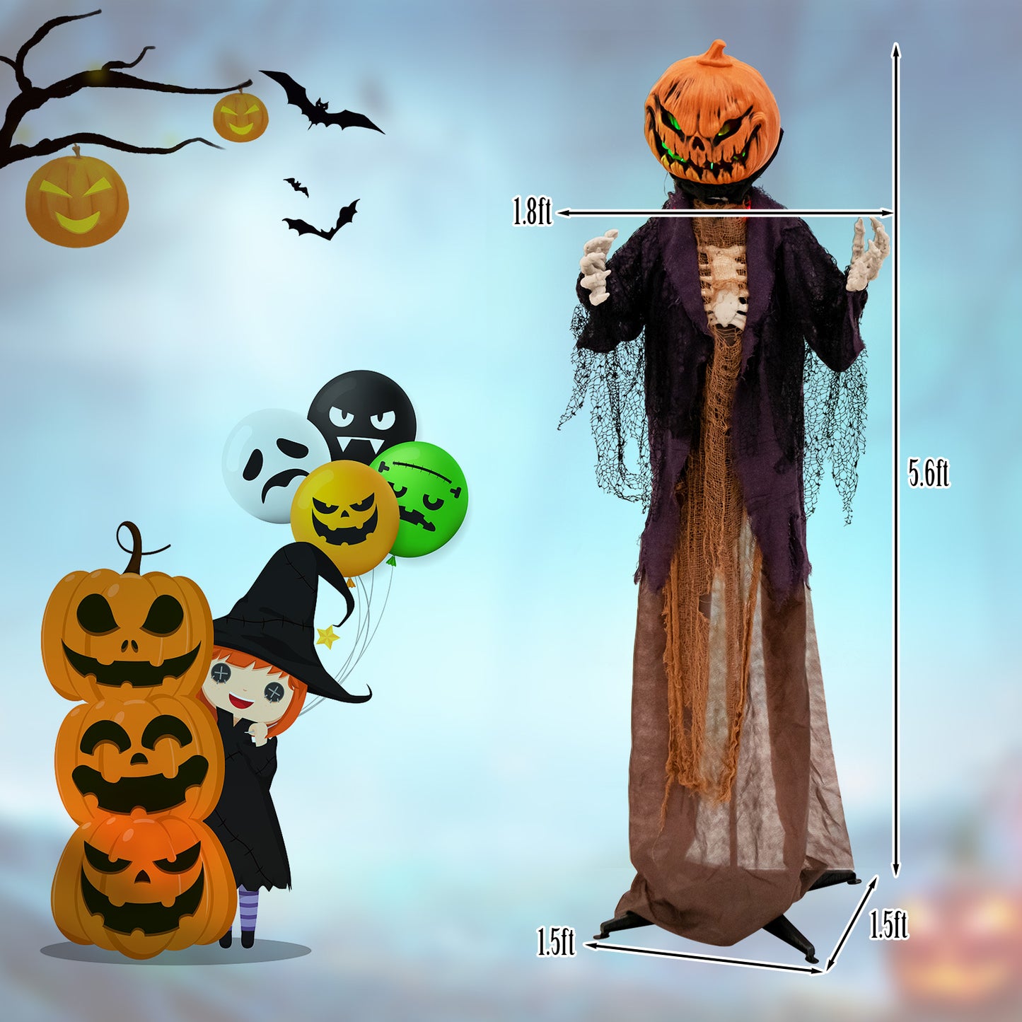 Lifezeal 5.6FT Halloween Animated Standing Pumpkin Scarecrow, Animatronic Halloween Decoration w/ Weird Phrases, LED Eyes, Sound Activation, Battery Operated Indoor Outdoor Haunted House Prop