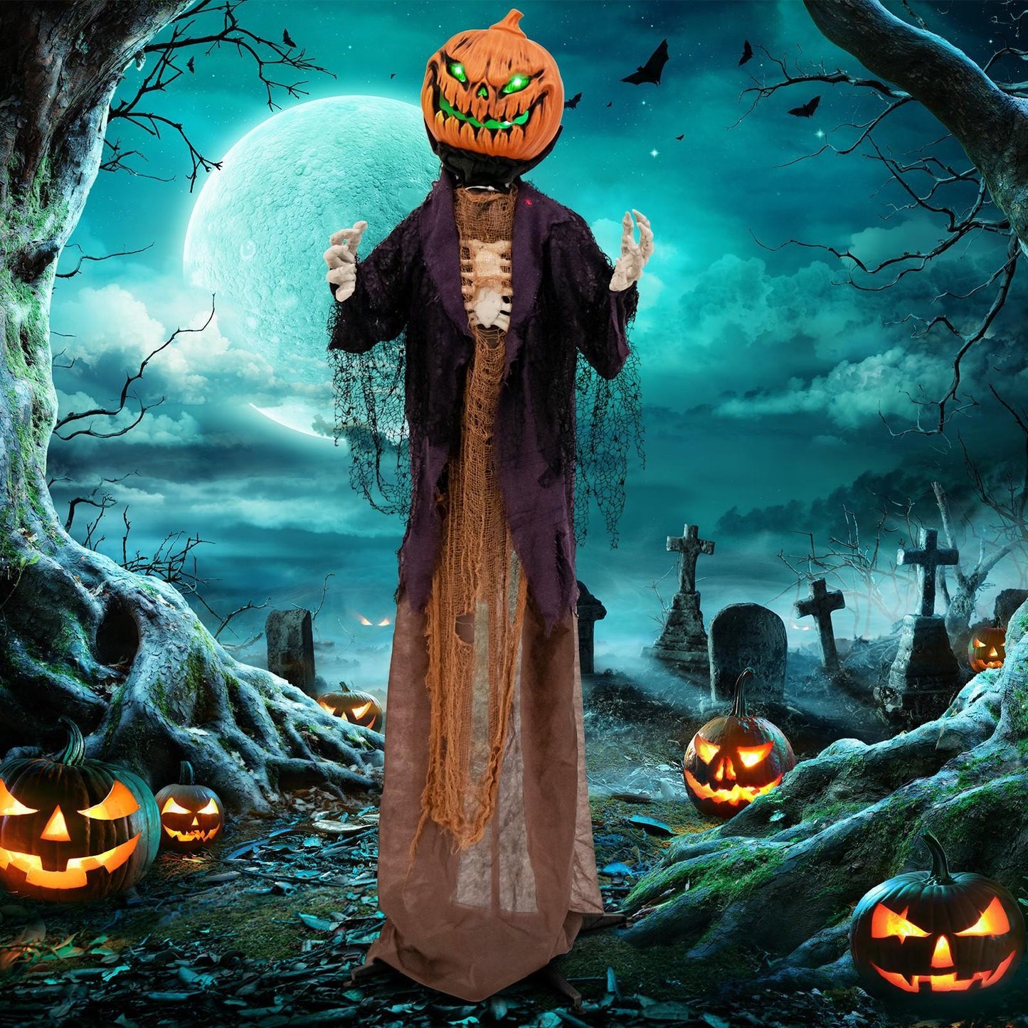 Lifezeal 5.6FT Halloween Animated Standing Pumpkin Scarecrow, Animatronic Halloween Decoration w/ Weird Phrases, LED Eyes, Sound Activation, Battery Operated Indoor Outdoor Haunted House Prop