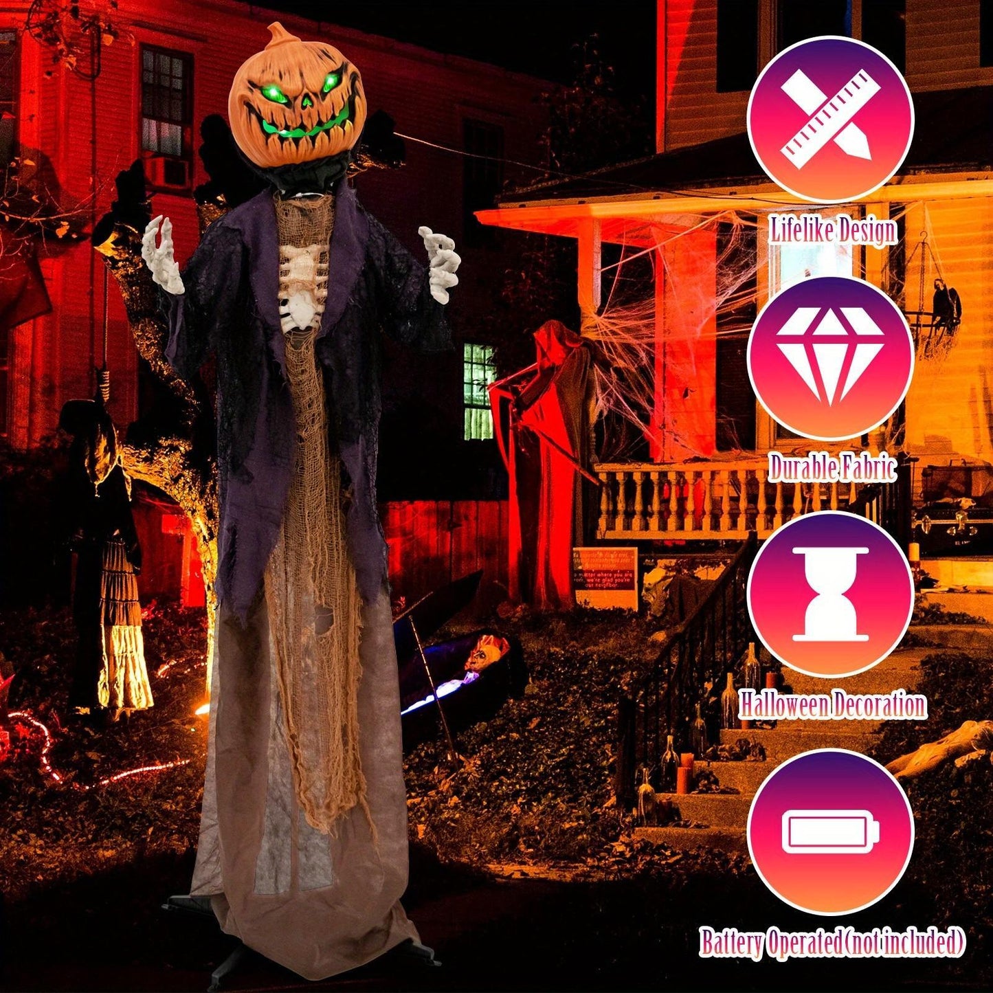 Lifezeal 5.6FT Halloween Animated Standing Pumpkin Scarecrow, Animatronic Halloween Decoration w/ Weird Phrases, LED Eyes, Sound Activation, Battery Operated Indoor Outdoor Haunted House Prop