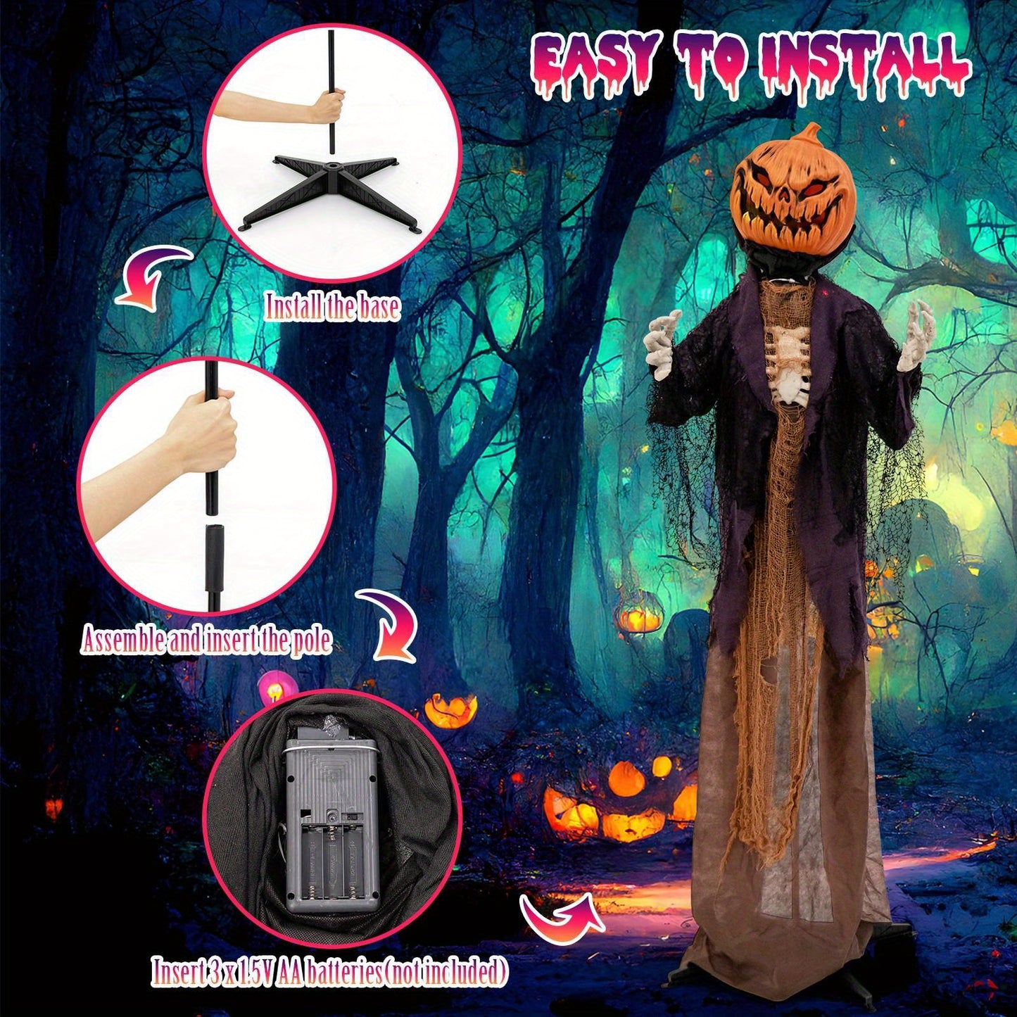 Lifezeal 5.6FT Halloween Animated Standing Pumpkin Scarecrow, Animatronic Halloween Decoration w/ Weird Phrases, LED Eyes, Sound Activation, Battery Operated Indoor Outdoor Haunted House Prop