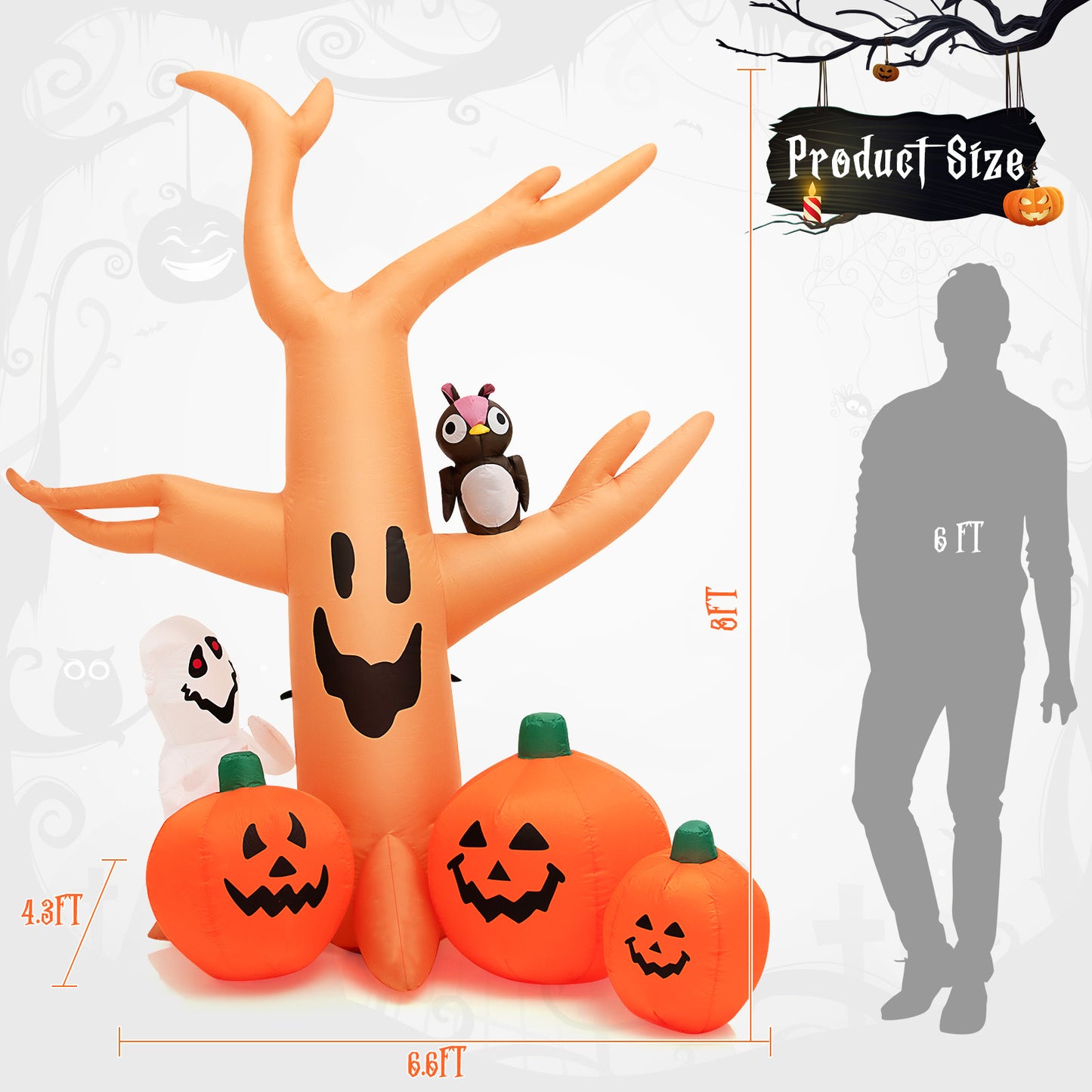 COSTWAY 8 FT Halloween Inflatable Dead Tree w/ Pumpkins, Blow up Yard Decoration w/Owl, White Ghost, Bright LED Lights, Built-in Sand Bag, Outdoor Holiday Scary Tree for Party, Lawn, Garden, Patio