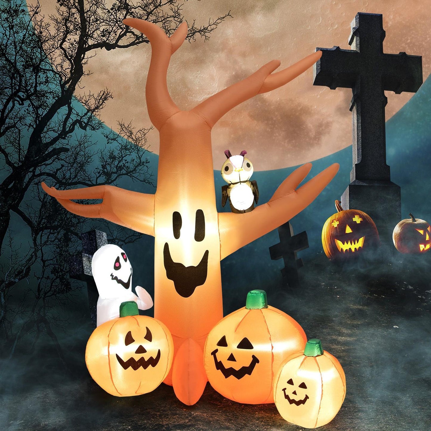 COSTWAY 8 FT Halloween Inflatable Dead Tree w/ Pumpkins, Blow up Yard Decoration w/Owl, White Ghost, Bright LED Lights, Built-in Sand Bag, Outdoor Holiday Scary Tree for Party, Lawn, Garden, Patio