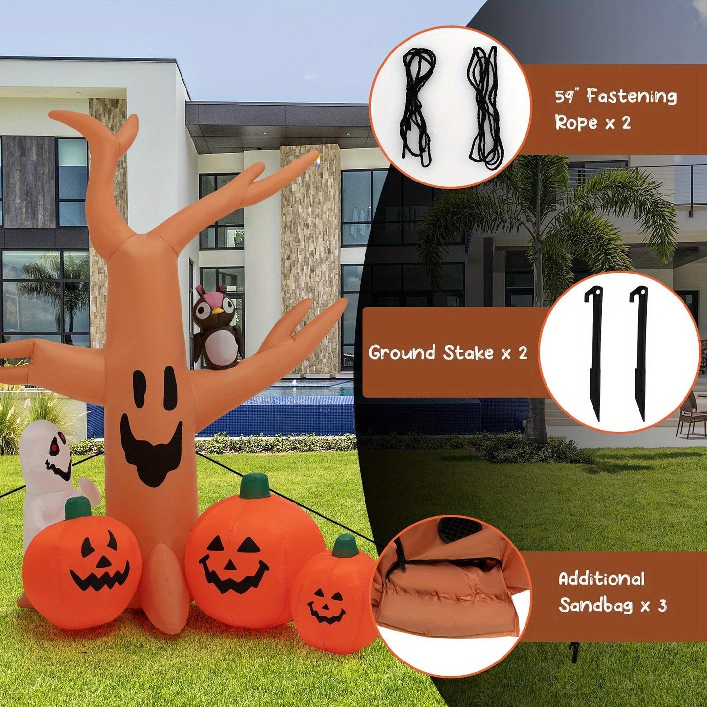 COSTWAY 8 FT Halloween Inflatable Dead Tree w/ Pumpkins, Blow up Yard Decoration w/Owl, White Ghost, Bright LED Lights, Built-in Sand Bag, Outdoor Holiday Scary Tree for Party, Lawn, Garden, Patio